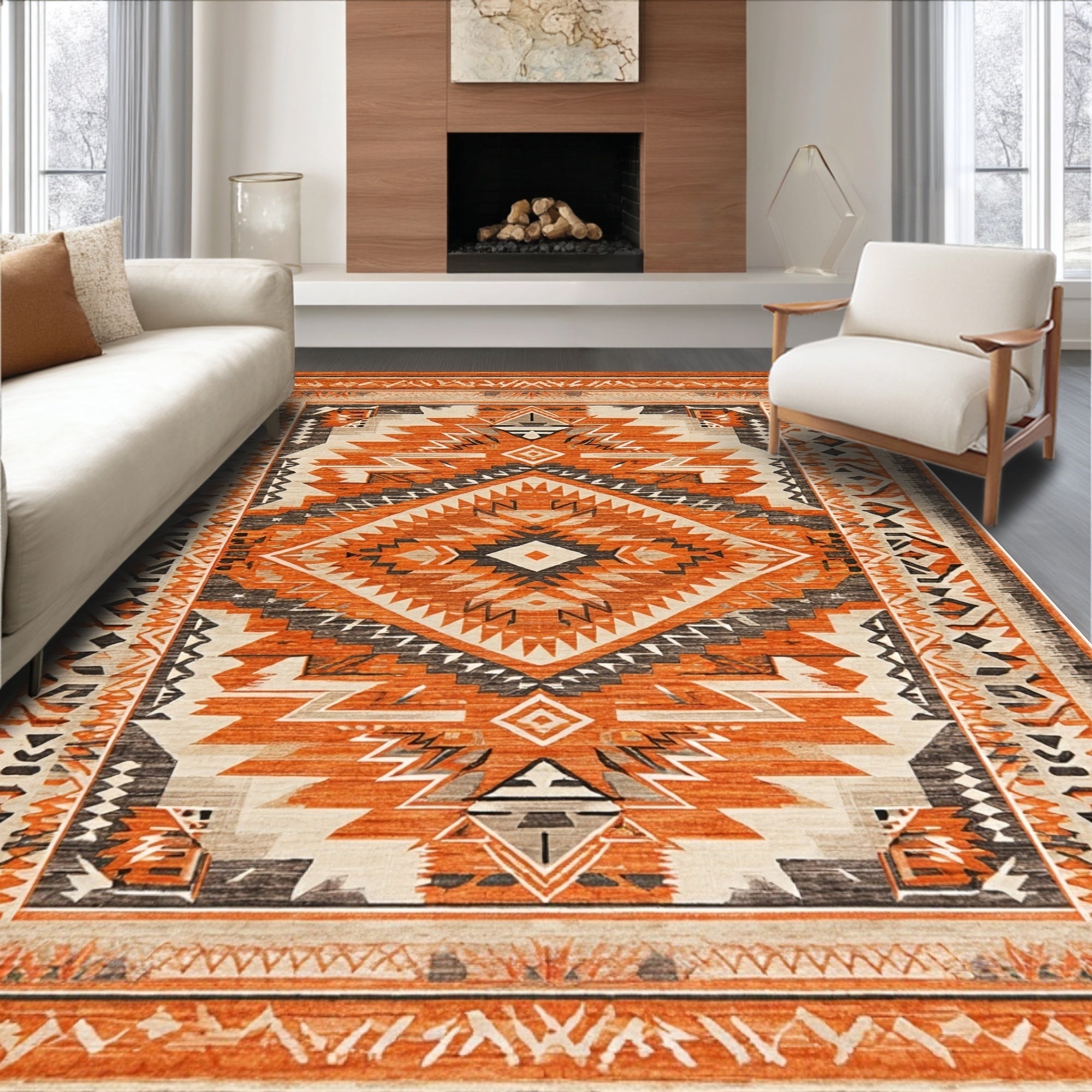 Ultra Soft Area Rug, Non Slip, Stain Resistant, Washable Area Rugs for Living Room, Bedroom, Aztec Geometric Fall Bedroom Washable Low Pile Carpet(Orange)