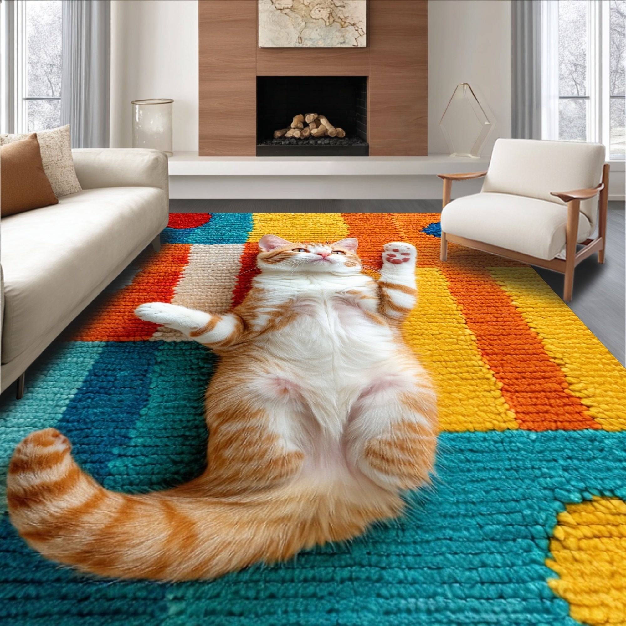 Ultra Soft Area Rug, Non Slip, Stain Resistant, Washable Area Rugs for Living Room, Bedroom, Vivid Cat-Themed Front Door Durable Outdoor Doormat(Orange)