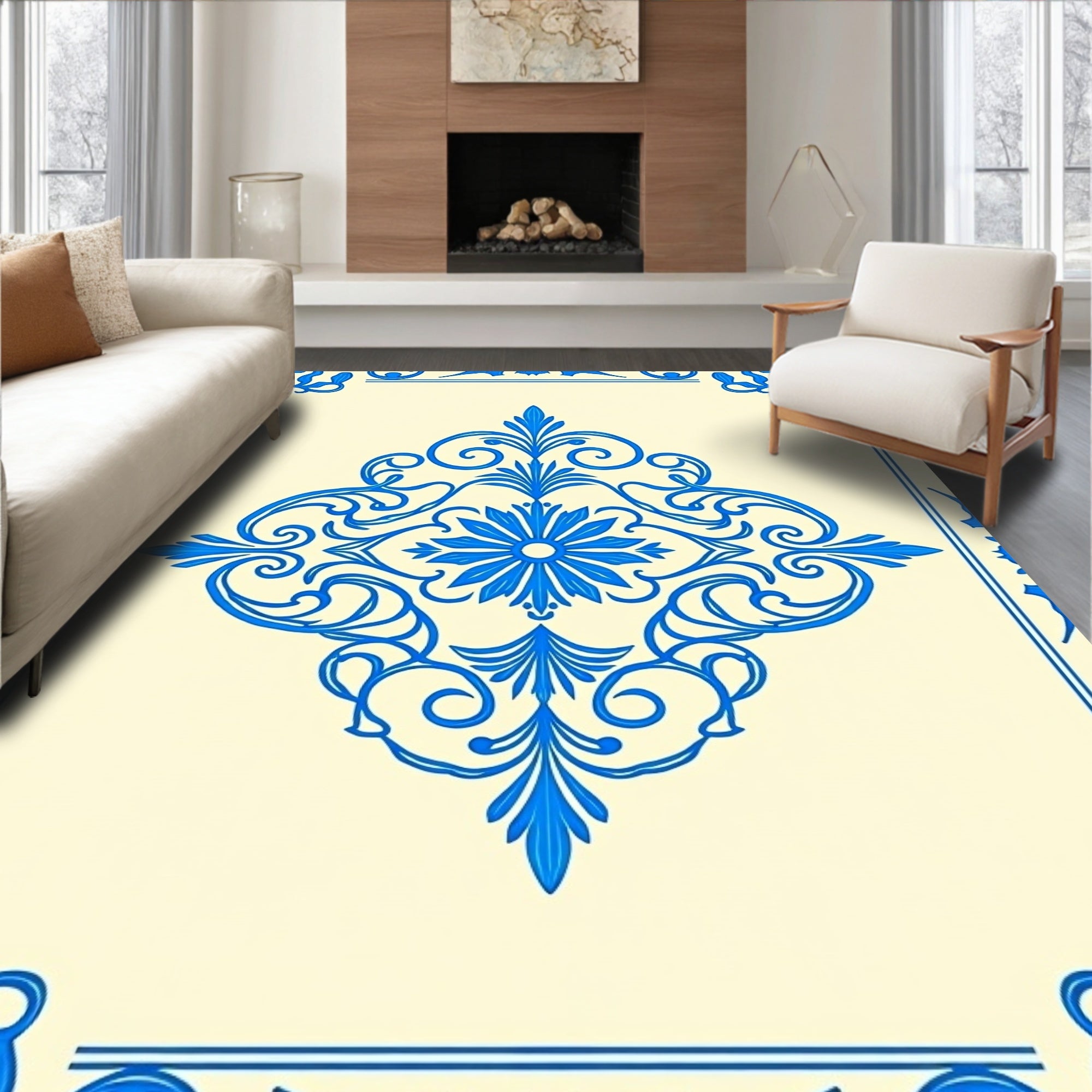 Vintage Damask Scrollwork Design Foldable Floor Covering (Blue) - ODIKA