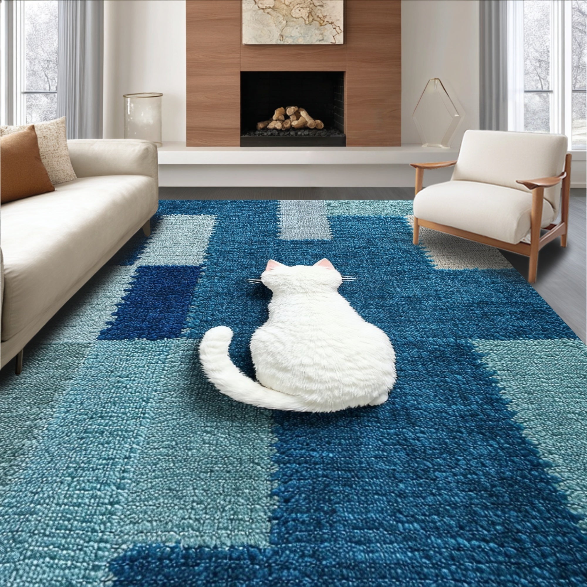 Ultra Soft Area Rug, Non Slip, Stain Resistant, Washable Area Rugs for Living Room, Bedroom, Soft Microfiber Bath Mat with Playful Cat Design(Blue)
