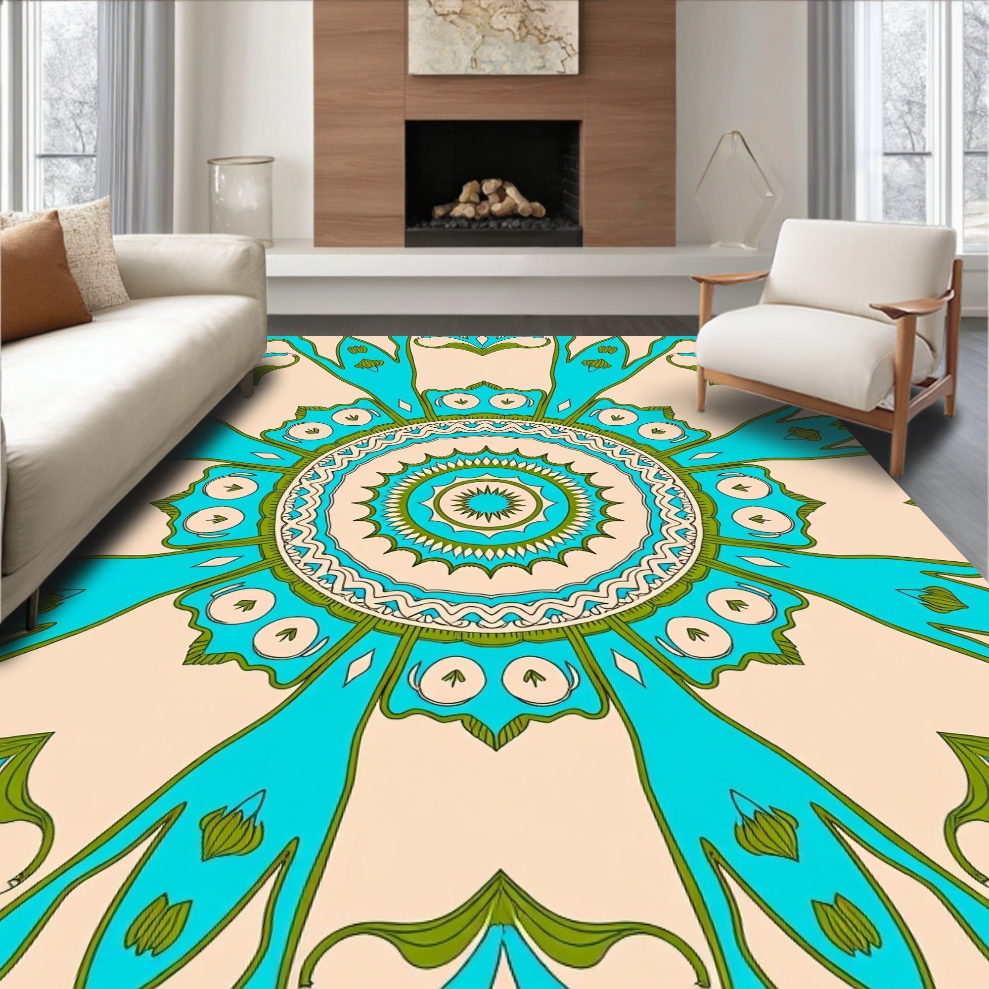 Boho Medallion Sunburst Fade Resistant Floor Covering (Beige) - ODIKA