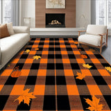 Autumn Harvest Plaid Area Rug Festive Fall Doormat with Pumpkin & Leaves Design(Black)