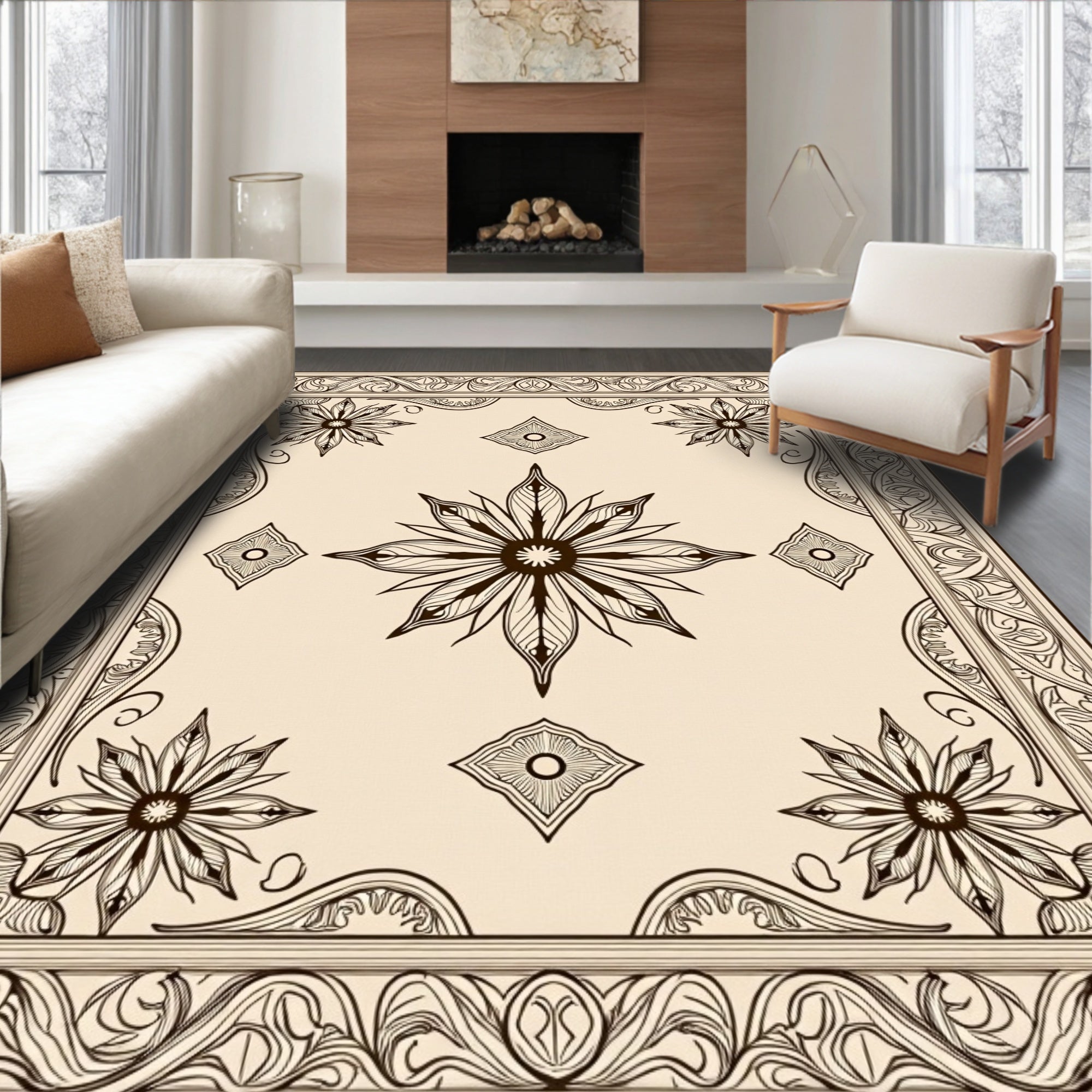 Intricate Medallion Motif Featuring Ornate Interlocking Floral (Beige) - ODIKA