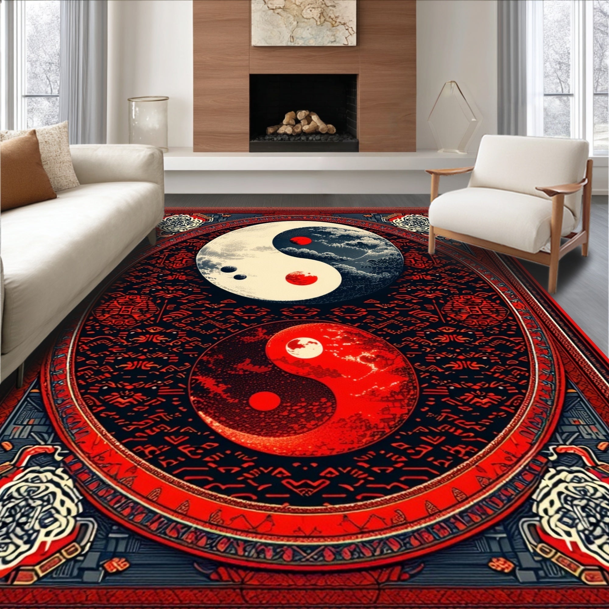 Ultra Soft Area Rug, Non Slip, Stain Resistant, Washable Area Rugs for Living Room, Bedroom, Chinese Ba-gua Living Room Non-Slip Carpet(Red)