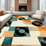 Boho Record Rug Vinyl Album Carpet with Geometric Accents(Black)