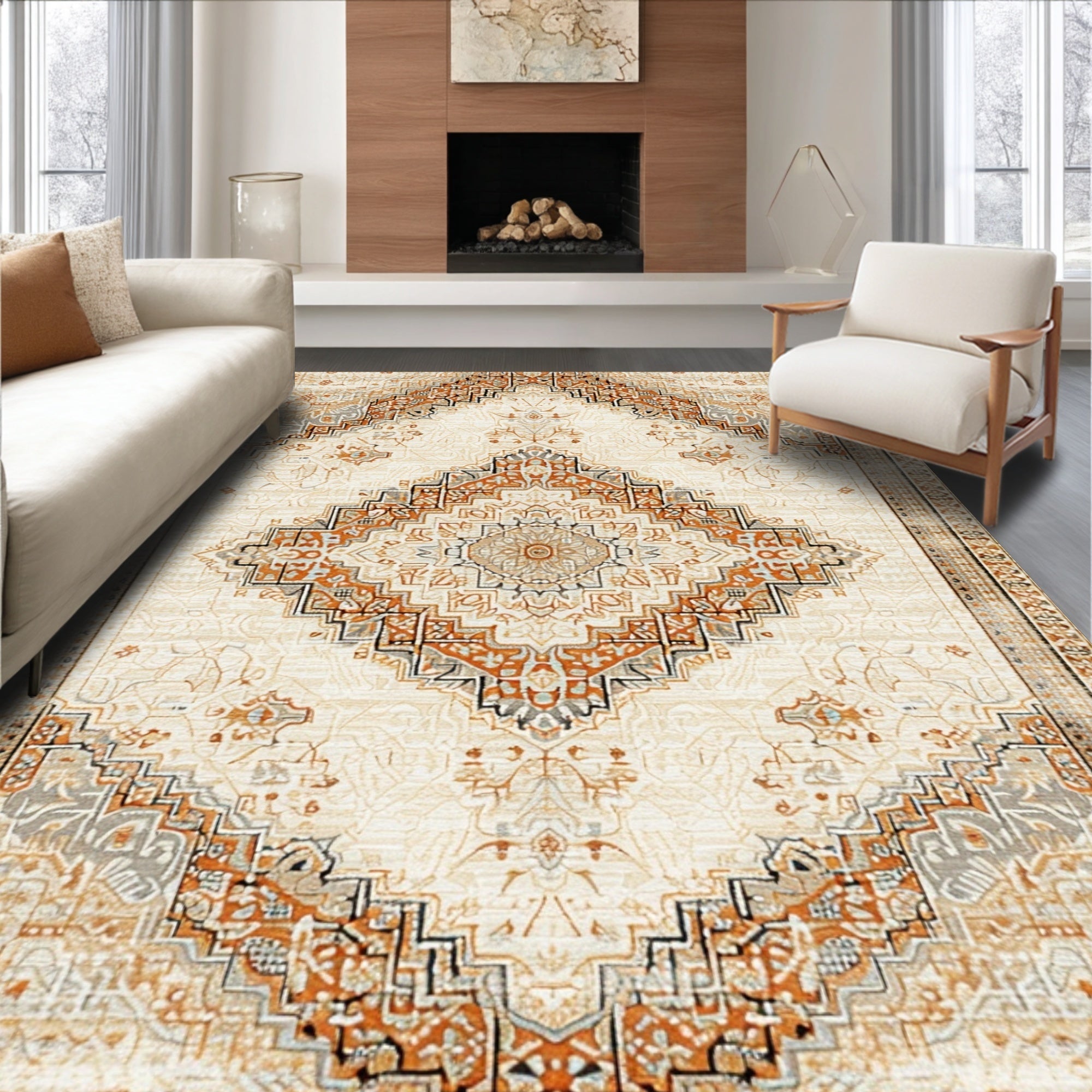 Ultra Soft Area Rug, Non Slip, Stain Resistant, Washable Area Rugs for Living Room, Bedroom, Vintage Neutral Living Room Hand-Tufted Distressed Rug(Beige)