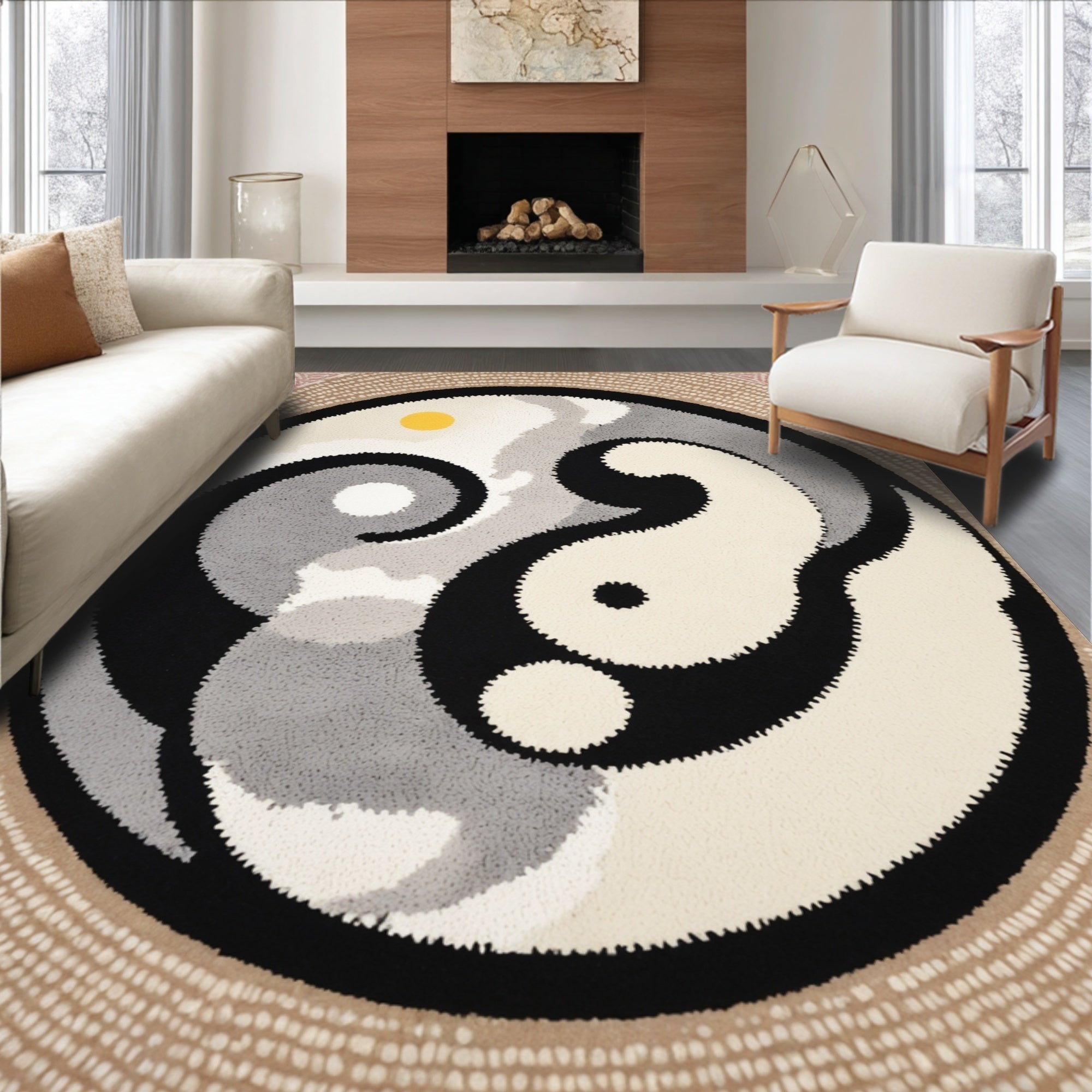 Ultra Soft Area Rug, Non Slip, Stain Resistant, Washable Area Rugs for Living Room, Bedroom, yin yang happy face(Gray) - ODIKA