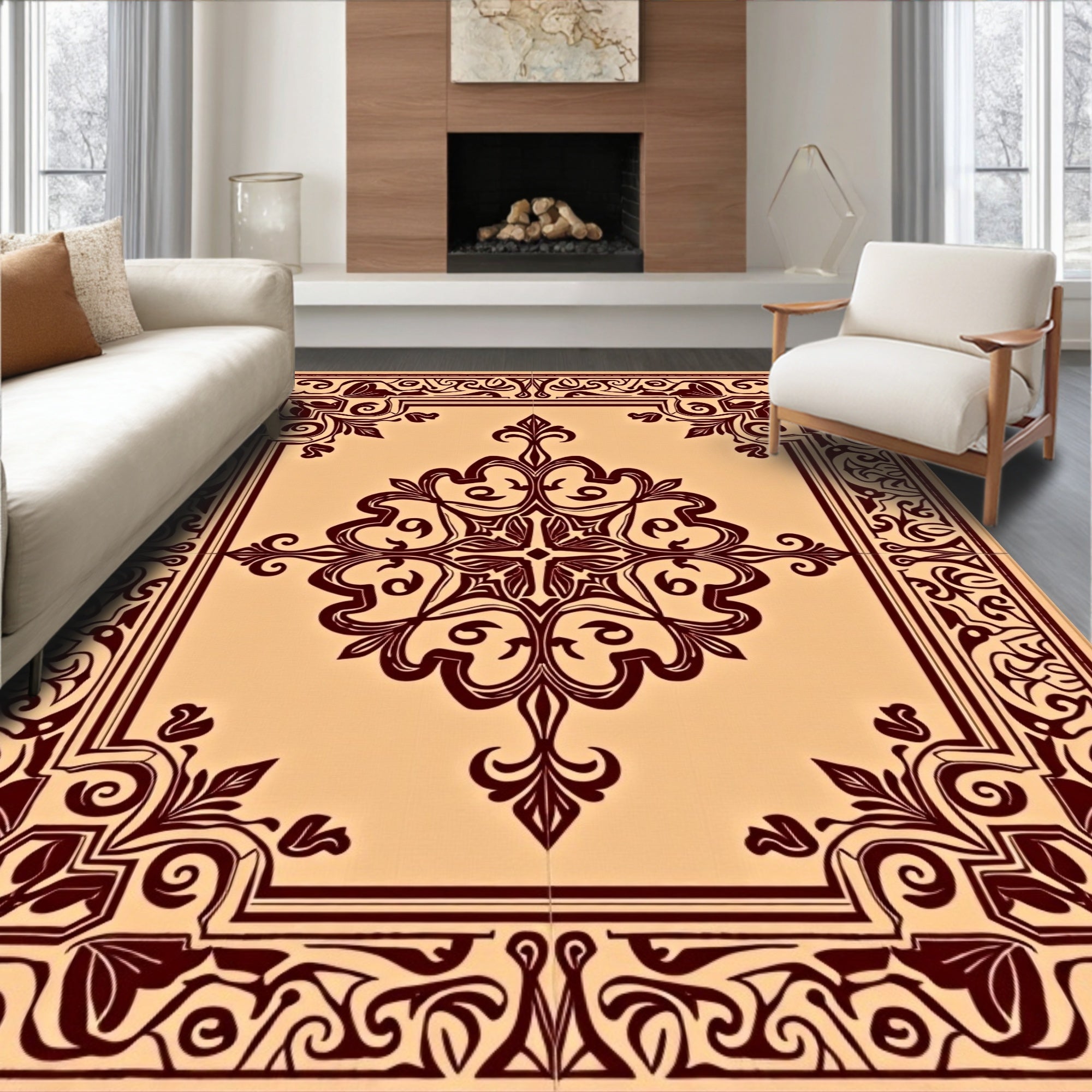 Scrollwork with Heritage Damask Motifs (Beige) - ODIKA