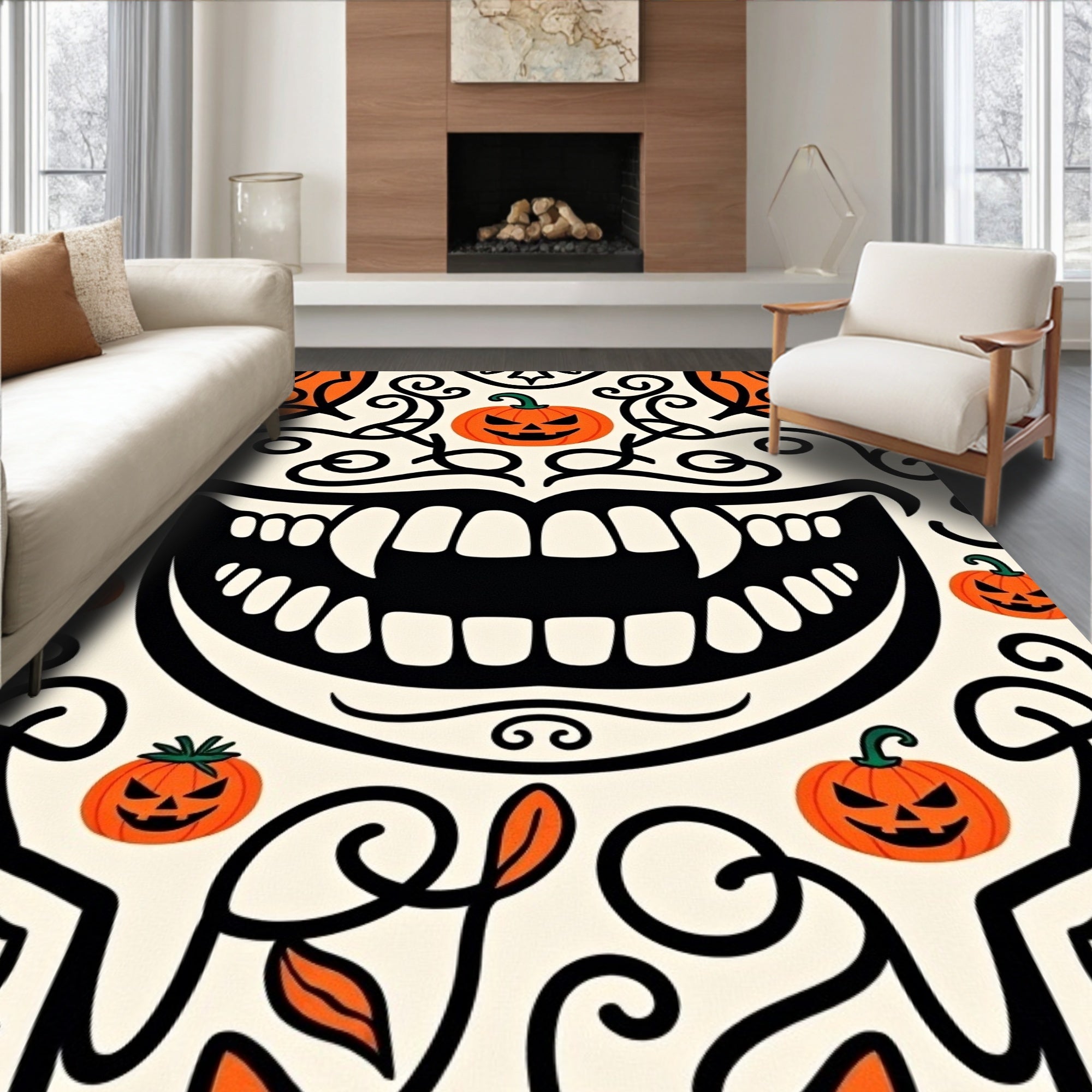 Haunted Skeleton Grin with Gothic Swirls and Festive Pumpkin Accents(Black) - ODIKA