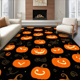 Spooky Pumpkin Patch Halloween Area Rug with Gothic Black and Orange Motifs(Orange)