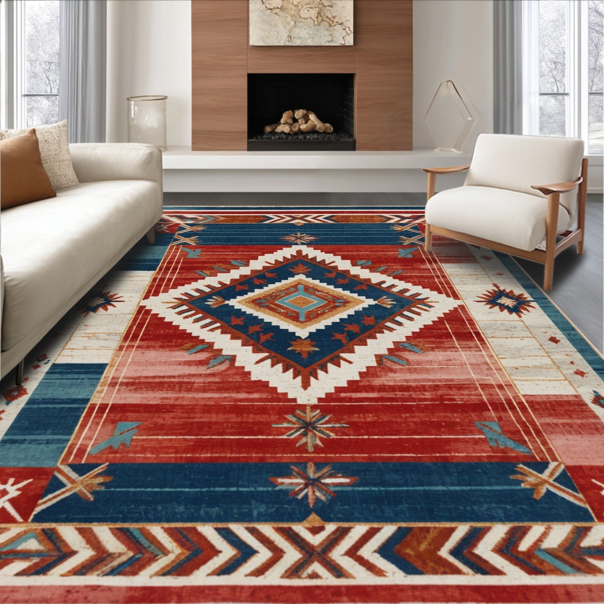Ultra Soft Area Rug, Non Slip, Stain Resistant, Washable Area Rugs for Living Room, Bedroom, Southwestern Red Living Room Vintage Medallion Rug(Red)