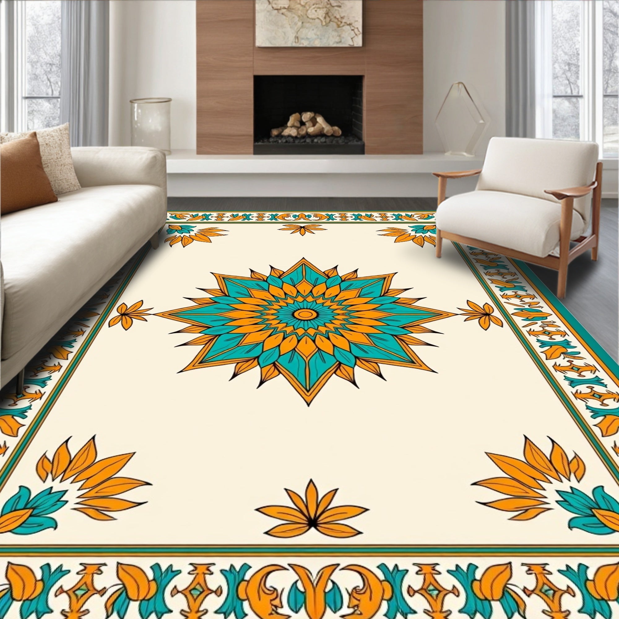 Sunburst Medallion Design with Radiant Floral Embellishments (Teal) - ODIKA