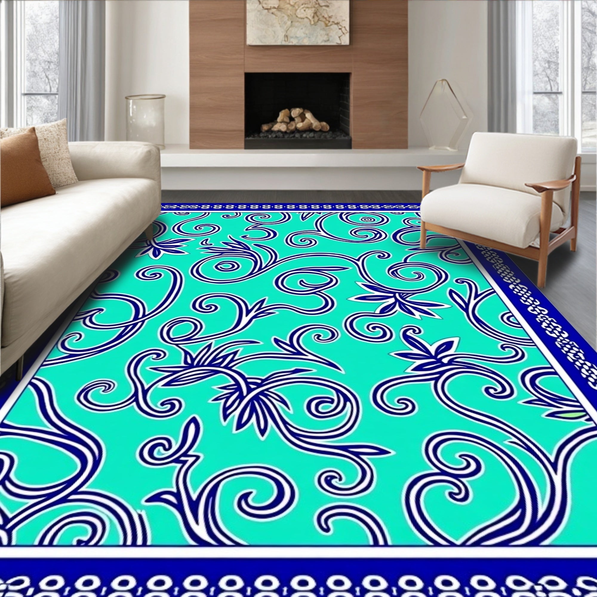 Mediterranean Scrollwork Motif with Mosaic Accents and Elegant Borders (Turquoise) - ODIKA