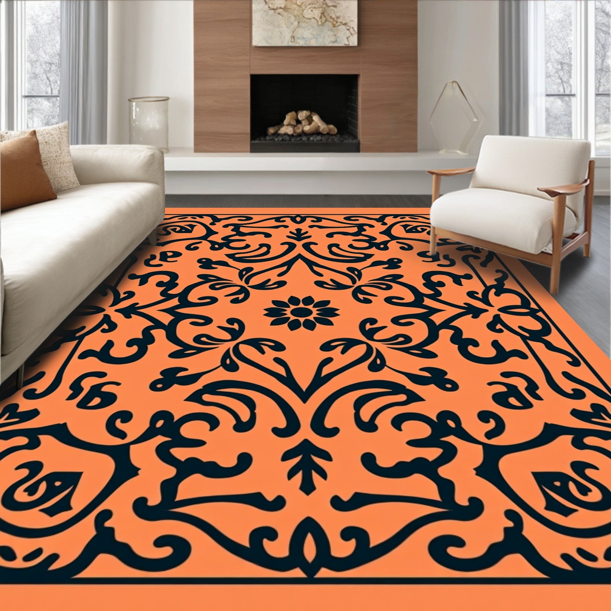 Damask Motif with Rococo Inspired Swirling Petals (Orange) - ODIKA