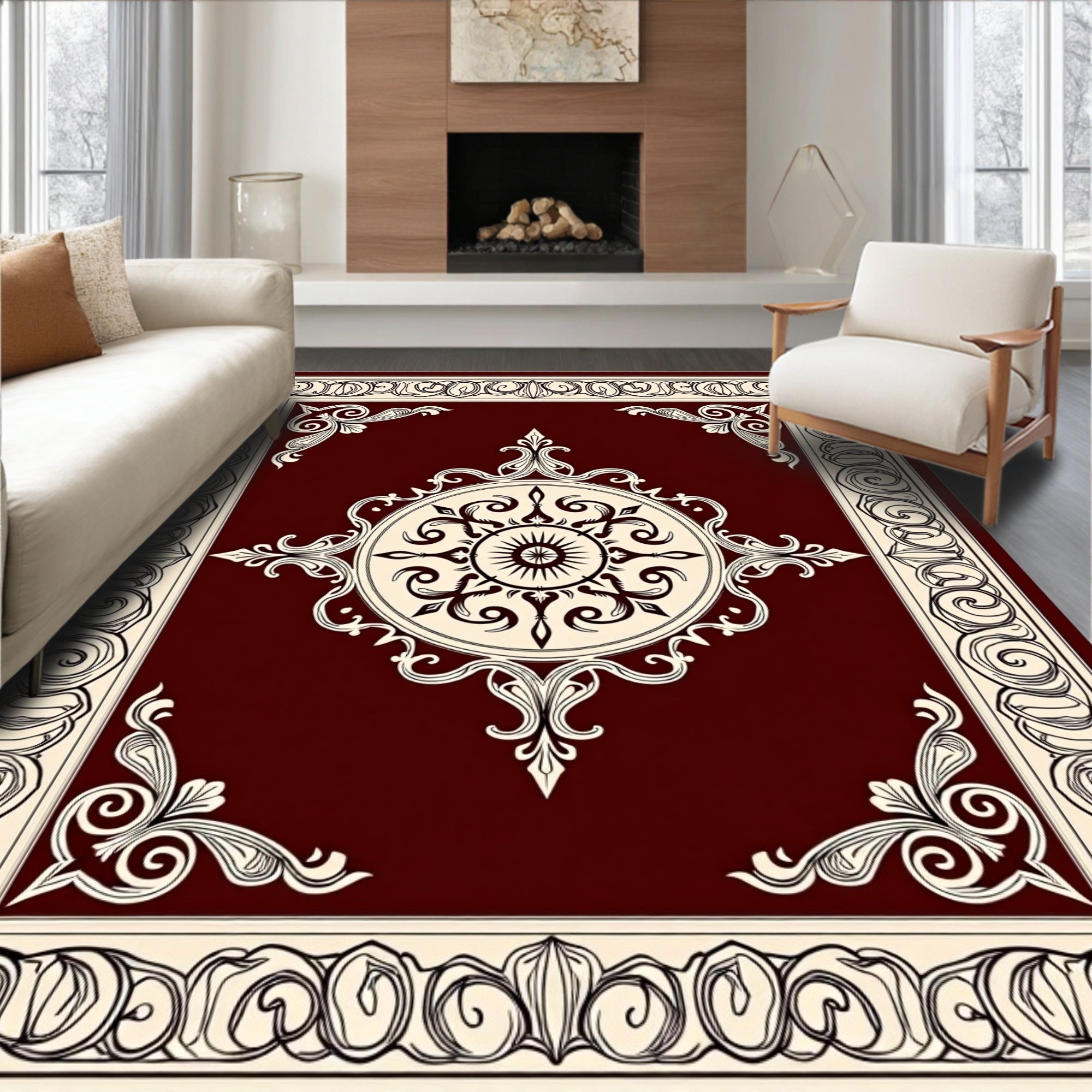 Vintage Medallion with Scrollwork Border Accents (Burgundy) - ODIKA