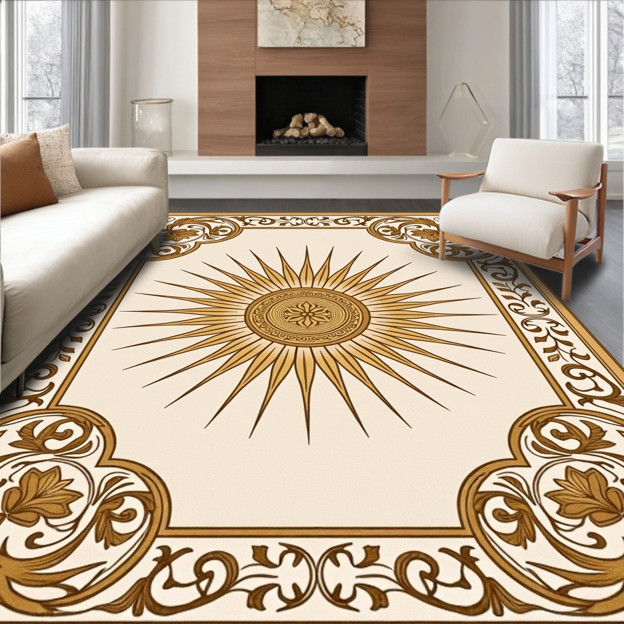 Sunburst Medallion with Vintage Scrollwork and Ornate Detailing (Beige) - ODIKA