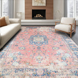 Distressed Floral Medallion Area Rug with Vintage Fade and Pastel Tones(Pink)
