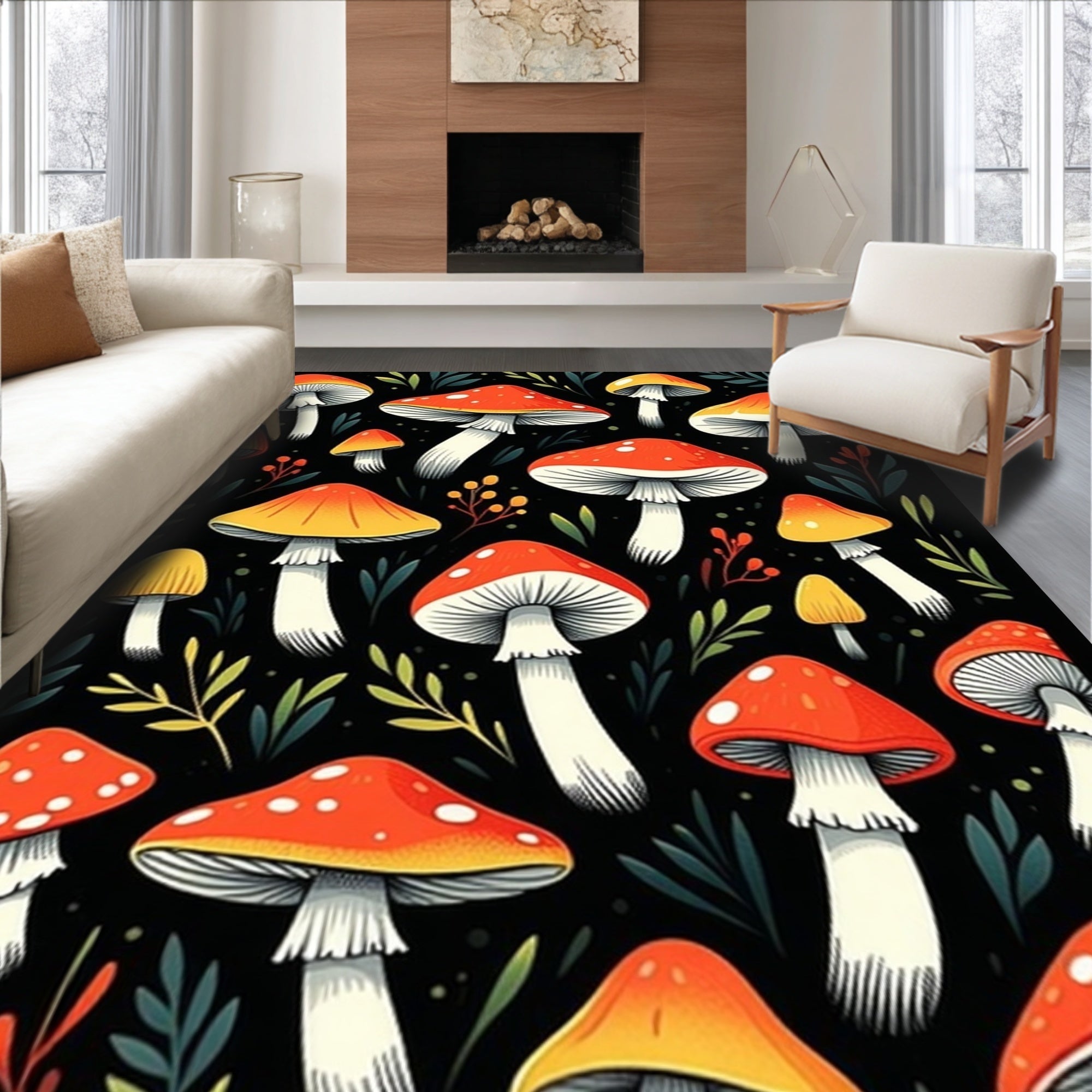 Ultra Soft Area Rug, Non Slip, Stain Resistant, Washable Area Rugs for Living Room, Bedroom, Playful Mushroom Black Anti-Fatigue Kitchen Mat(Red)