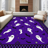 Halloween Haunt Rug Set Ghostly Coir Mat & Black Plaid Entryway Carpet Decor(Purple)
