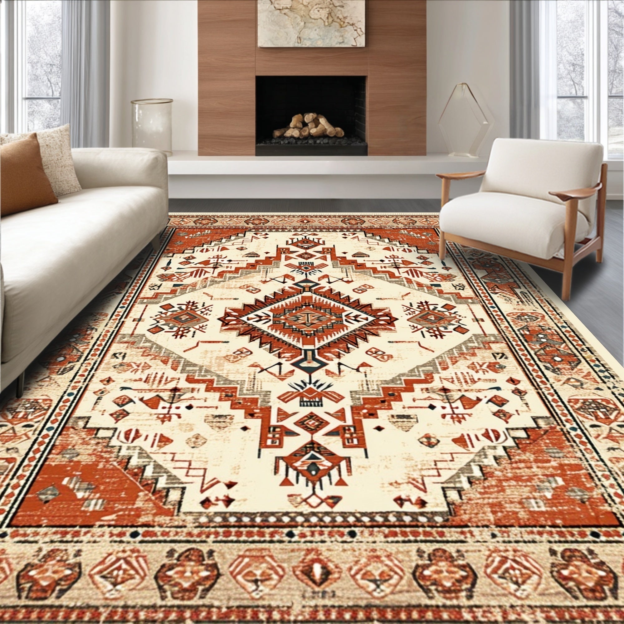 Ultra Soft Area Rug, Non Slip, Stain Resistant, Washable Area Rugs for Living Room, Bedroom, Tribal Farmhouse Warm Beige Bedroom Washable Carpet(Beige)