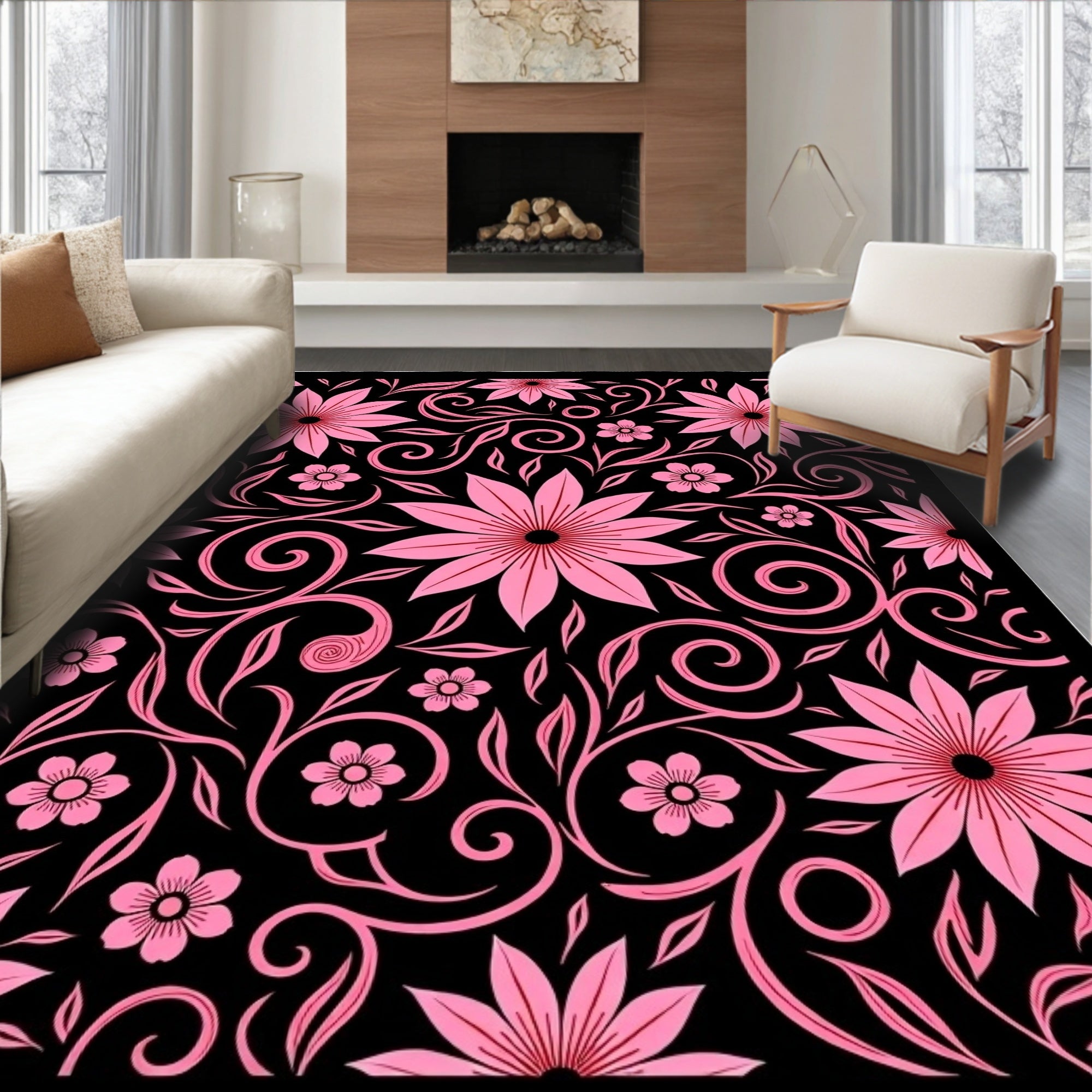 Elegant Floral Burst Showcasing Radiant Petal Clusters and Ornate Vines (Black) - ODIKA