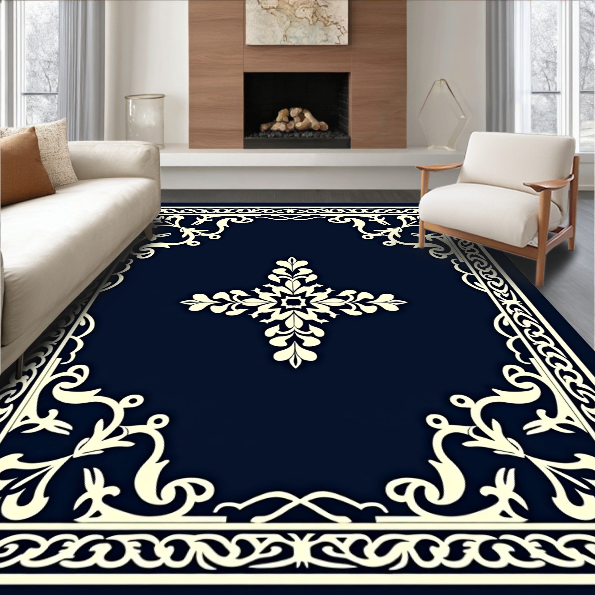 Vintage Damask Scrollwork Design with Elegant Swirl Accent (Blue) - ODIKA