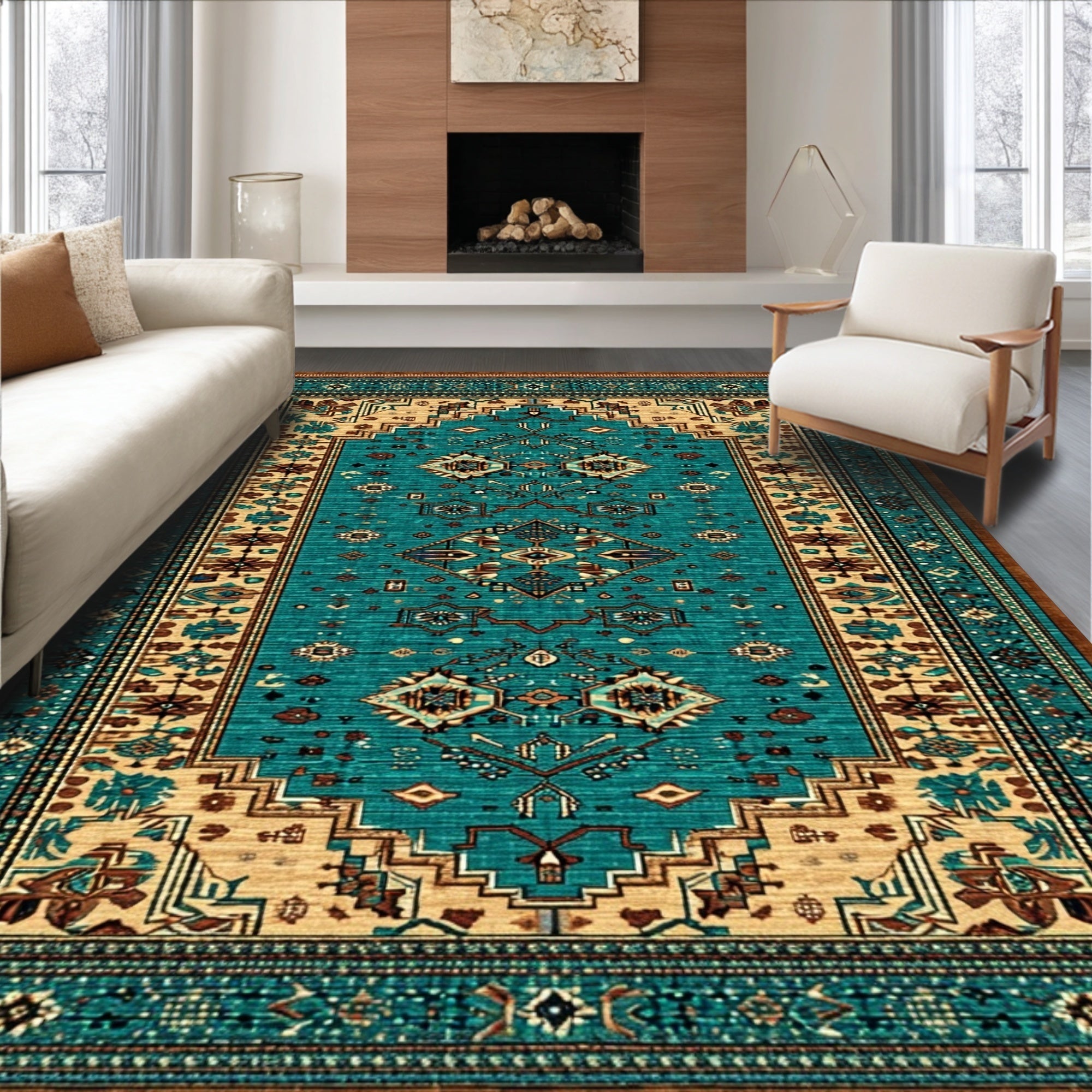 Ultra Soft Area Rug, Non Slip, Stain Resistant, Washable Area Rugs for Living Room, Bedroom, Rustic Western Brown Teal Living Room Washable Rug(Blue)