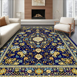 Intricate Woven Area Featuring Complex Design and Gold Accents(Blue)