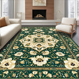 Intricate Floral Area with Geometric Design in Rich Green and Gold(Green)