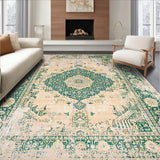 Beige Green Distressed Medallion Durable Non Shedding(Beige)