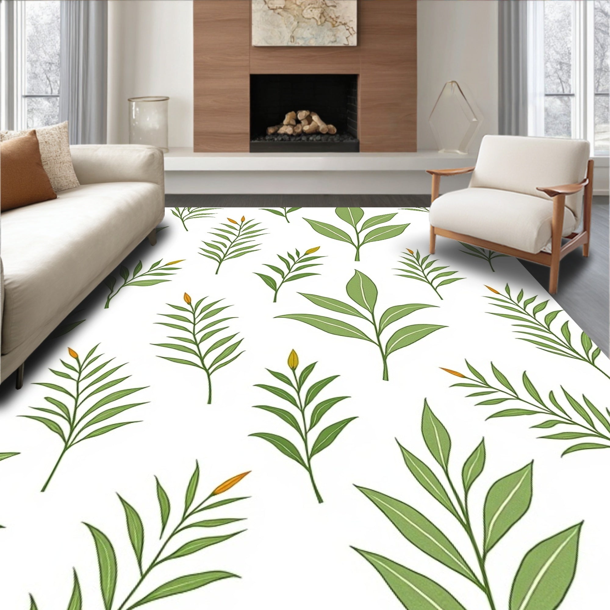 Botanical Leaf Print Fluffy Machine Clean Safety Base (White) - ODIKA