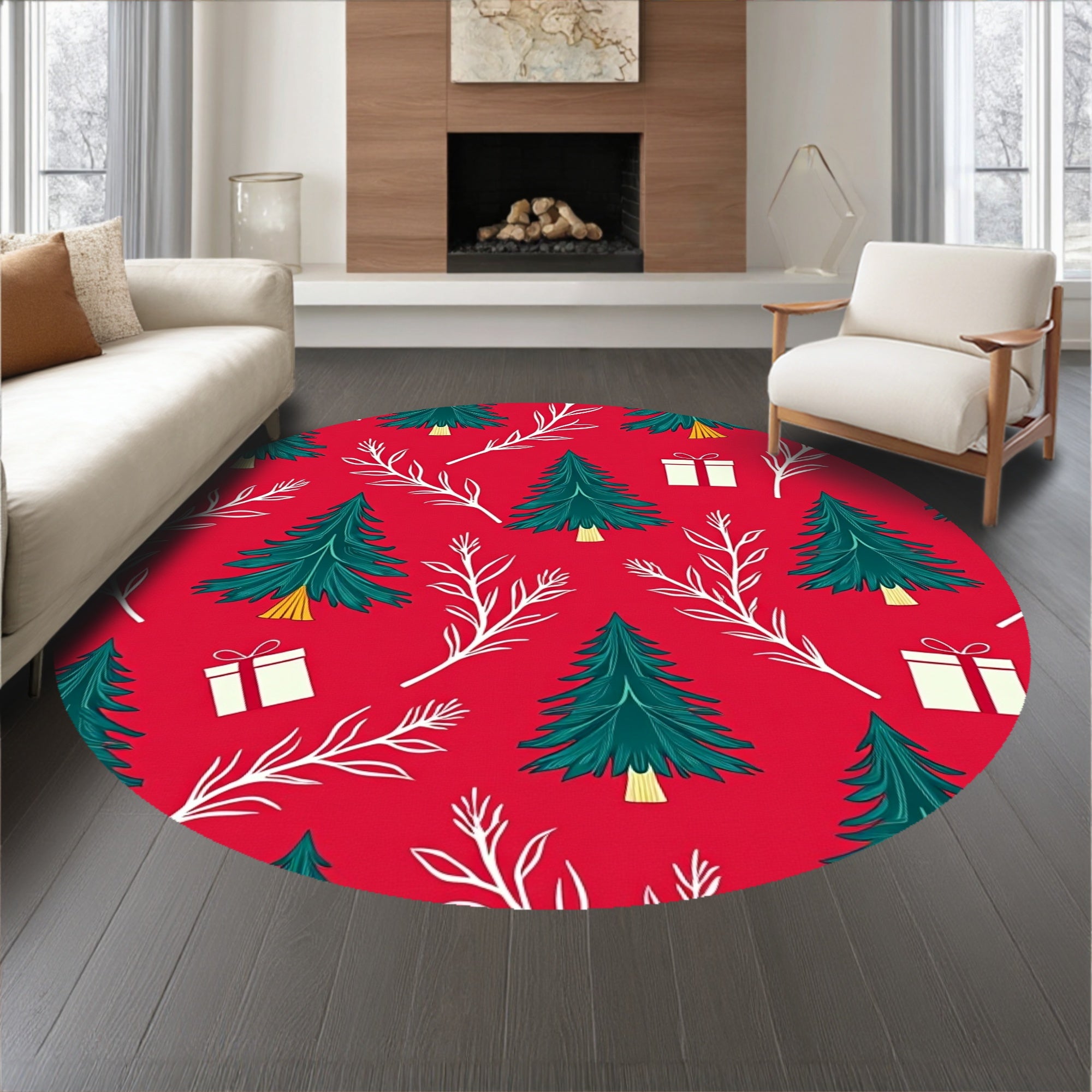 Seasonal Conifer Patterned With Gift Box Accent(Red)