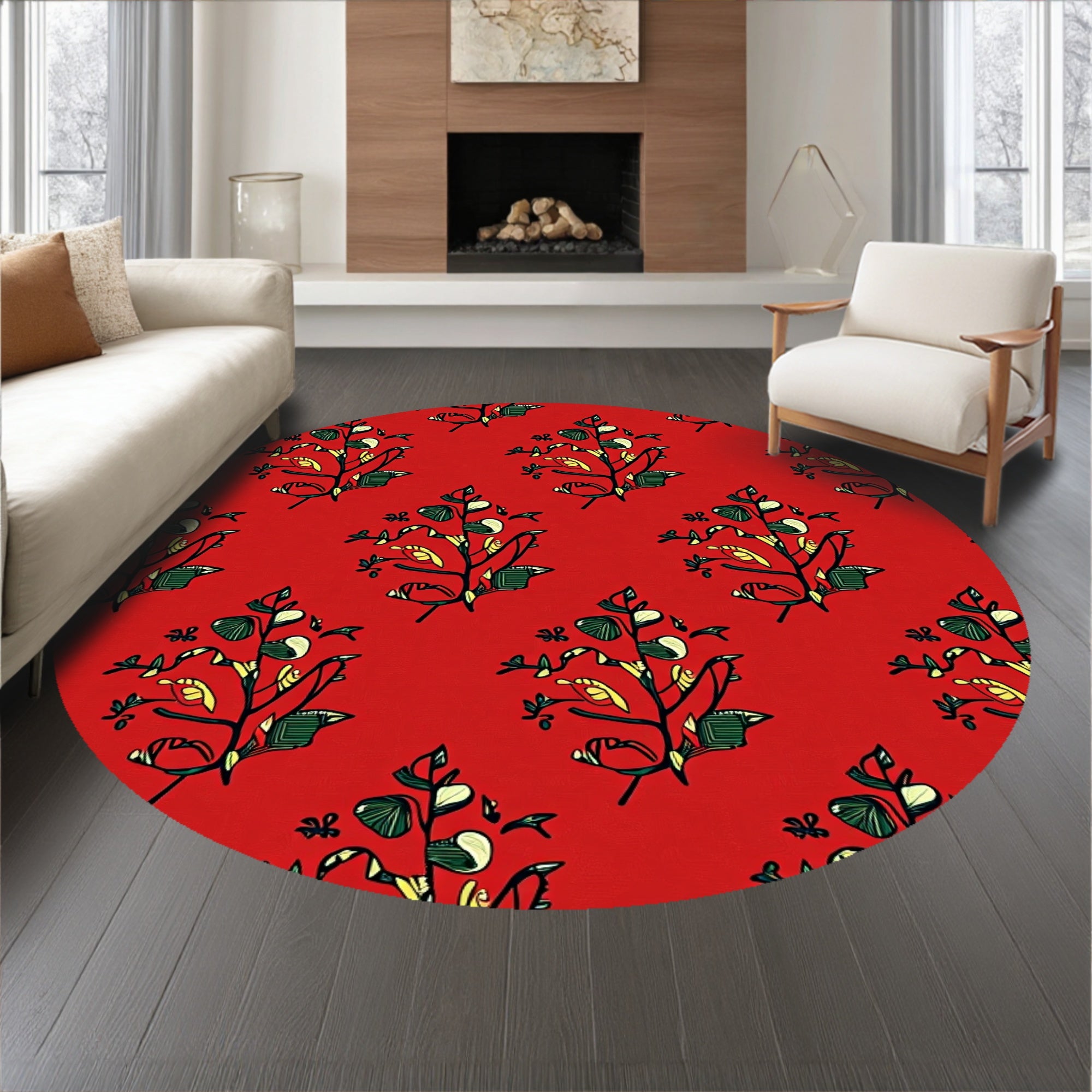 Stylized Amber Woods Motif with Flourished Botanical Embellishments(Red)
