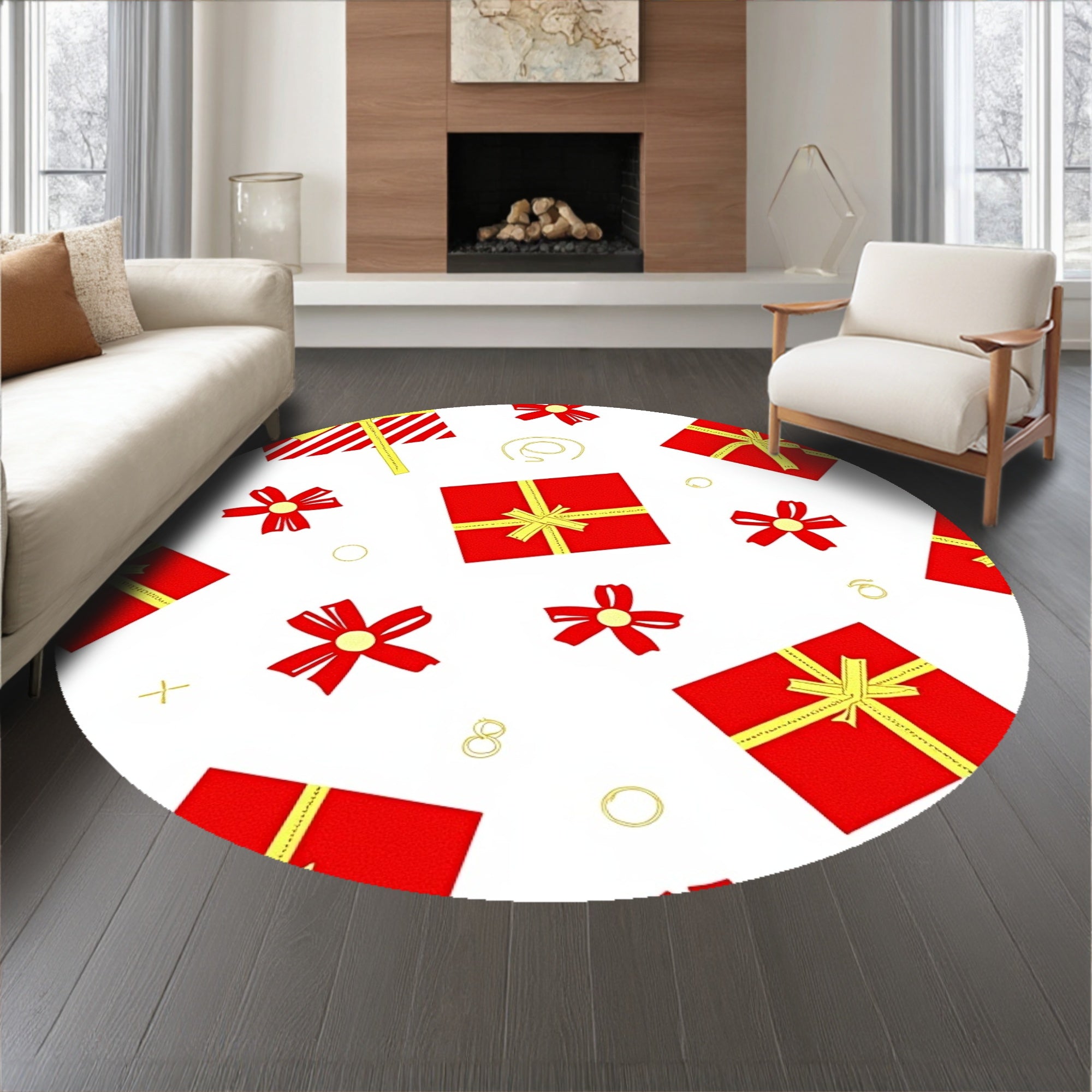 Joyful Gift Box Motif with Ribbon Bow Accents Floor(Red)