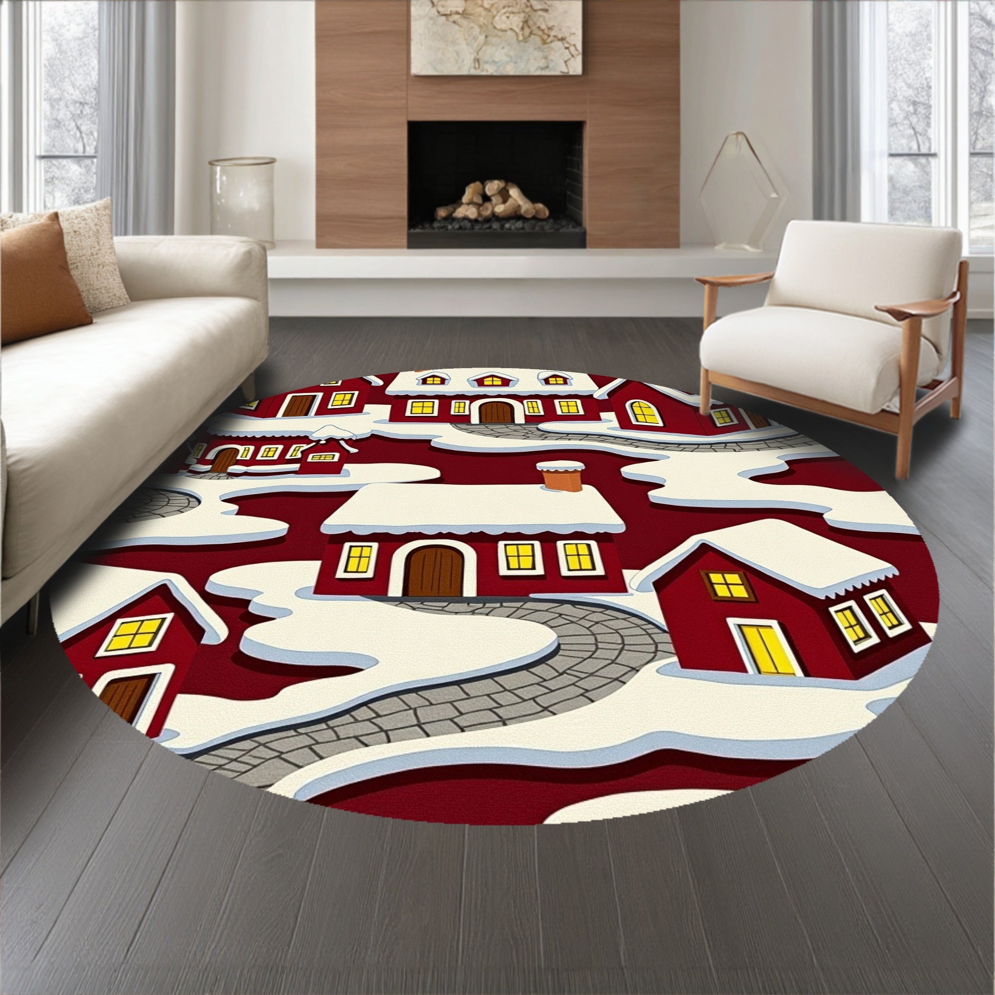 Vintage Christmas Village Snowy Landscape Floor Covering Design(Red)