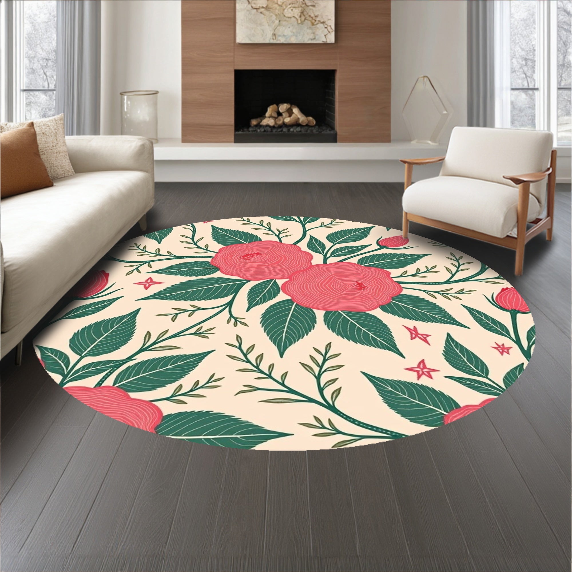 Classic Rose Garden Motif Pile Decorative Floor(Pink)