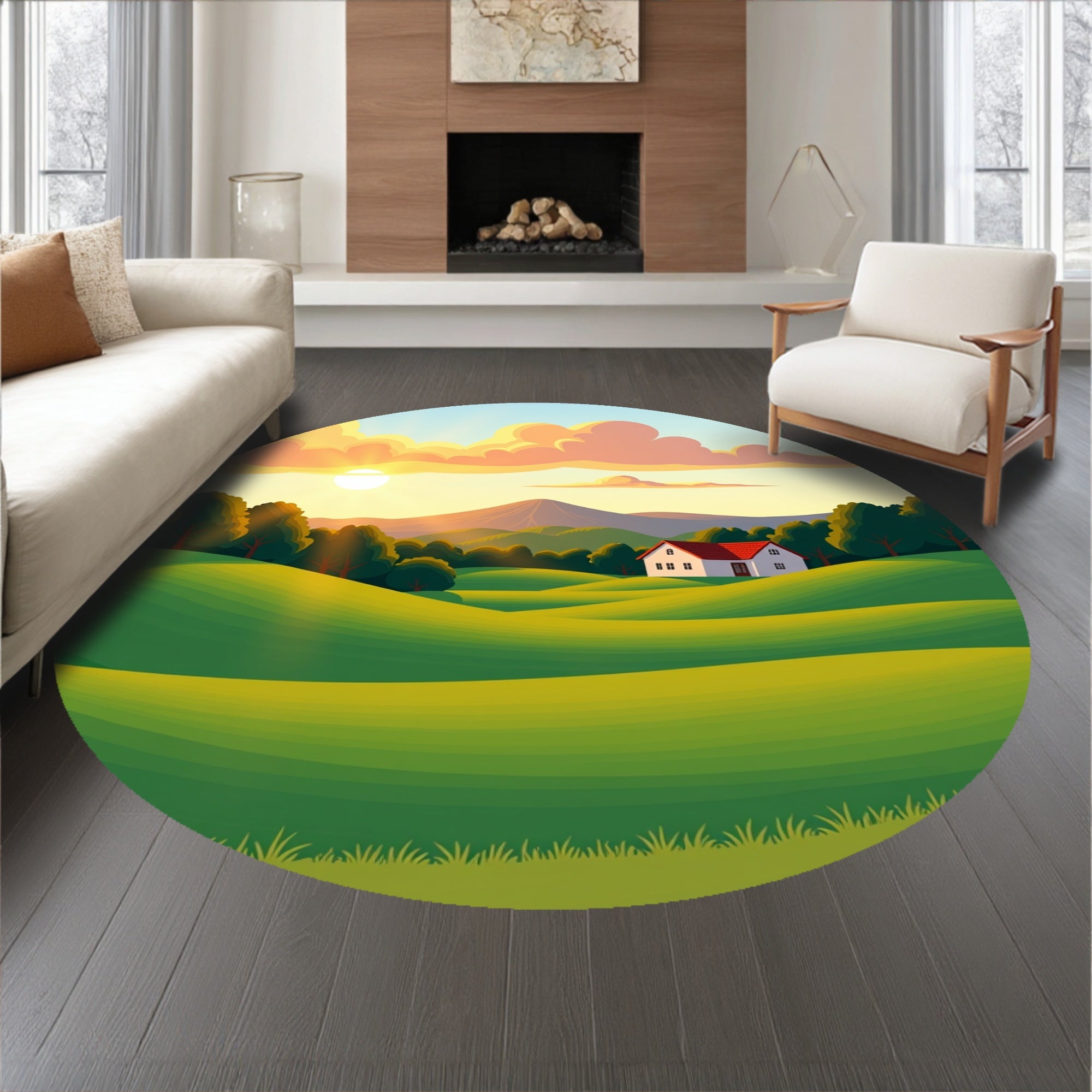 Farmhouse Valley Meadow Sunrise Countryside Road Trip Horizon (Green) - ODIKA