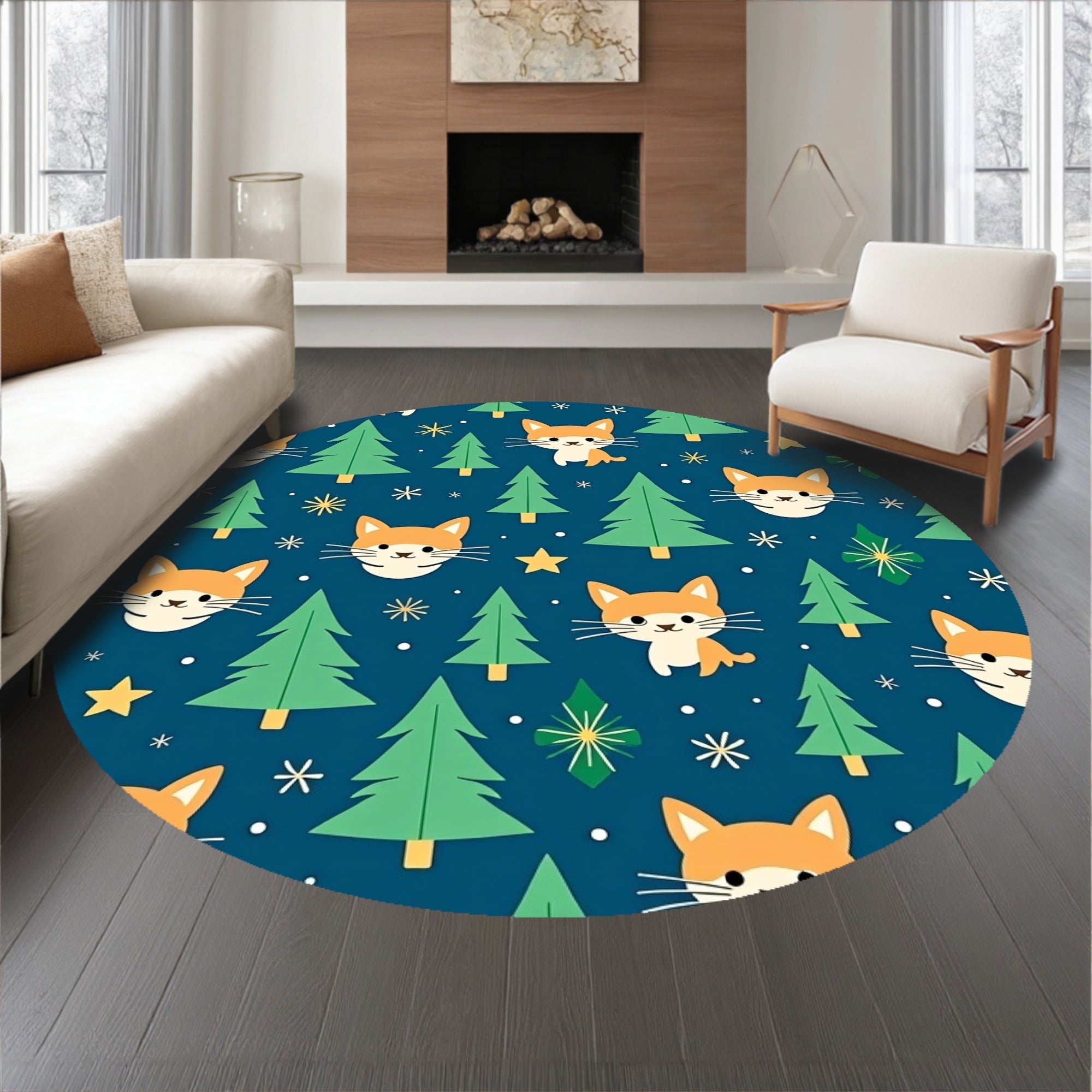 Whimsical Cat and Pine Tree with Twinkling Ornament(Blue)
