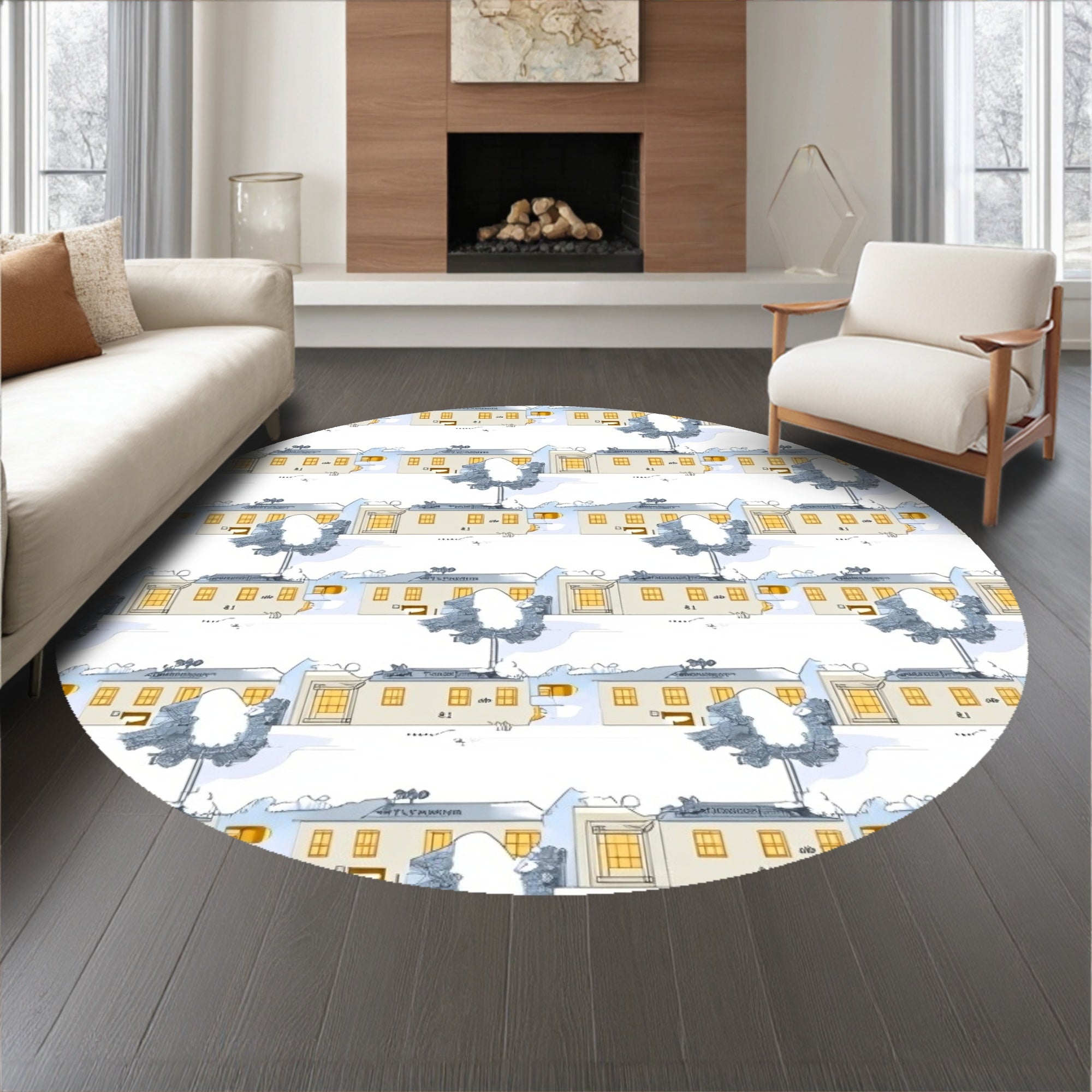 Winter Wonderland Scenic with Snowy Village Landscape(Beige)