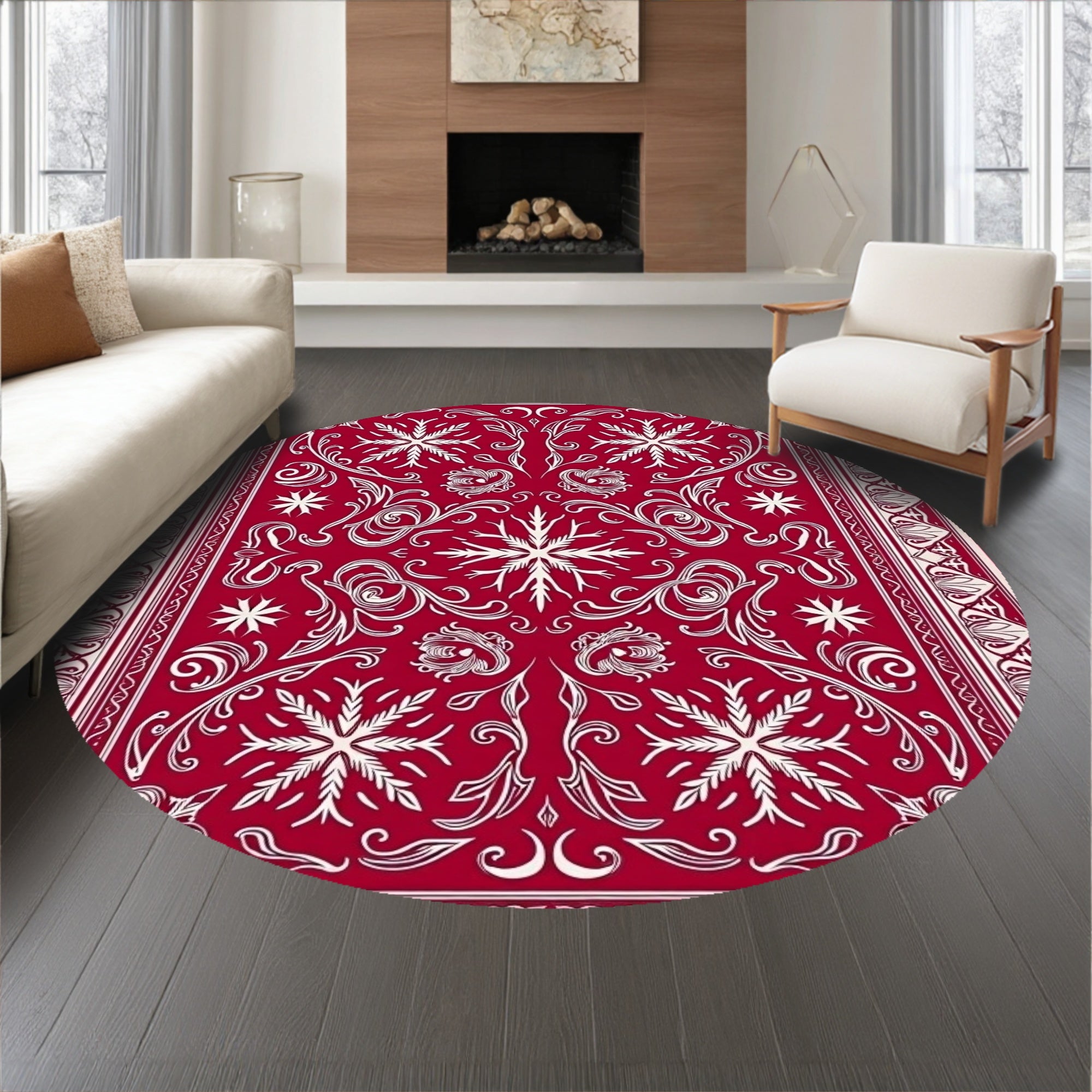 Winter Wonderland Tapestry Featuring Stag Motifs and Folk Ornamentation(Red)