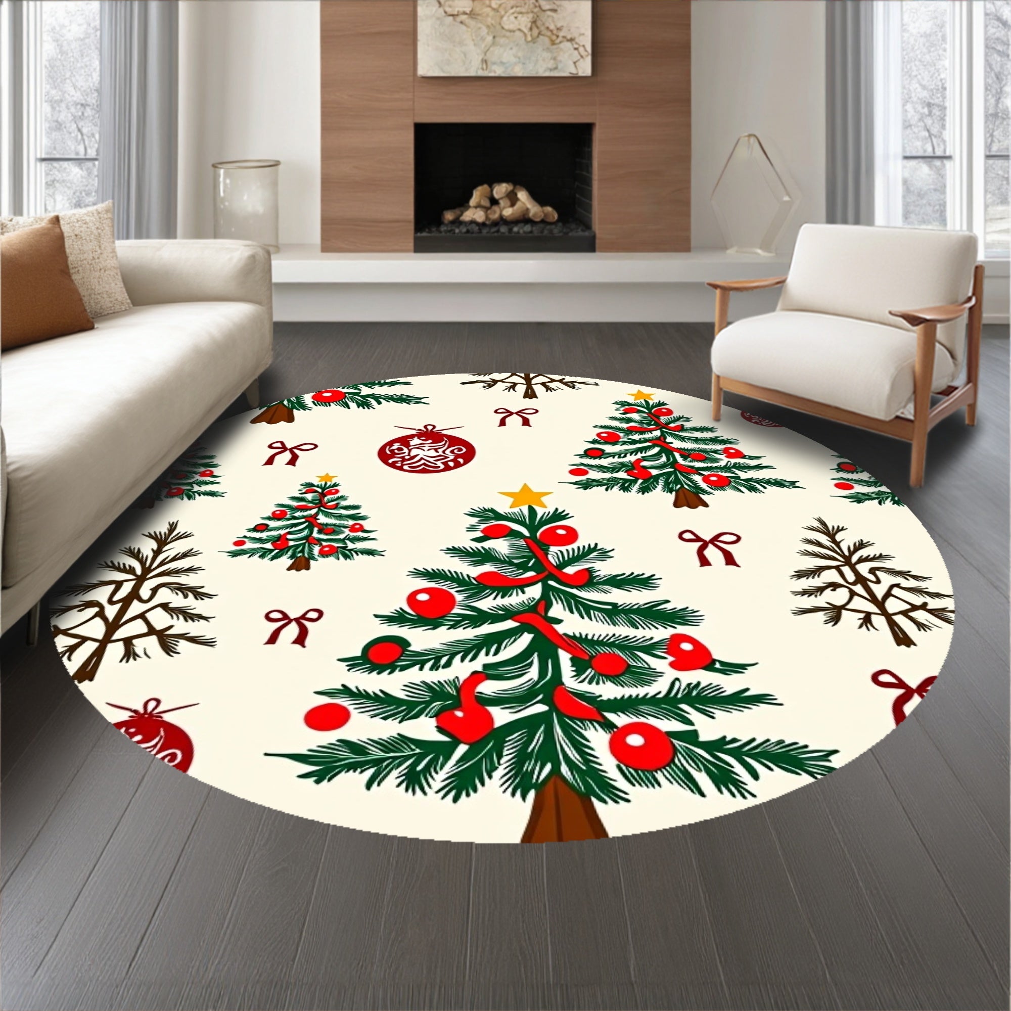 Festive Evergreen Holiday Tapestry With Ornamental Decorations(Cream)