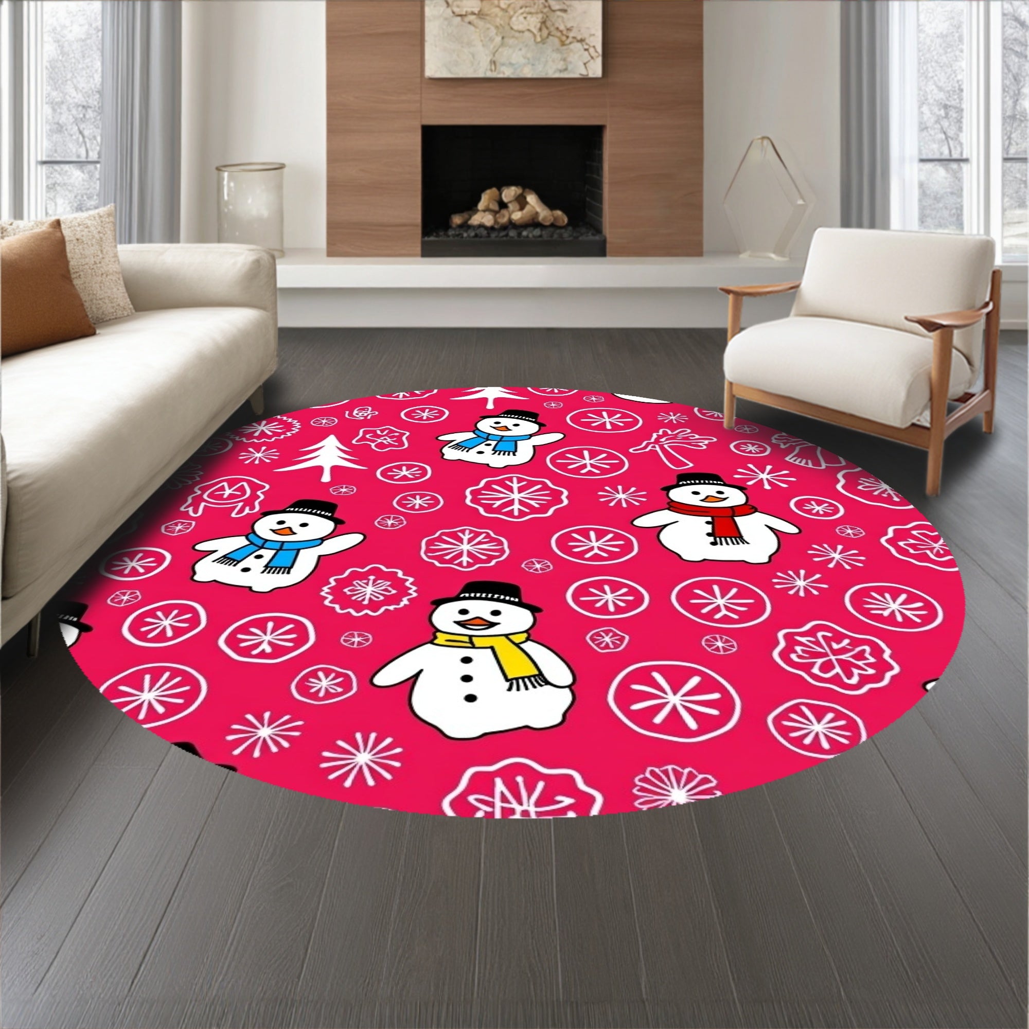 Festive Snowman Gathering with Whimsical Pine Forest and Falling Snowflakes(Pink)