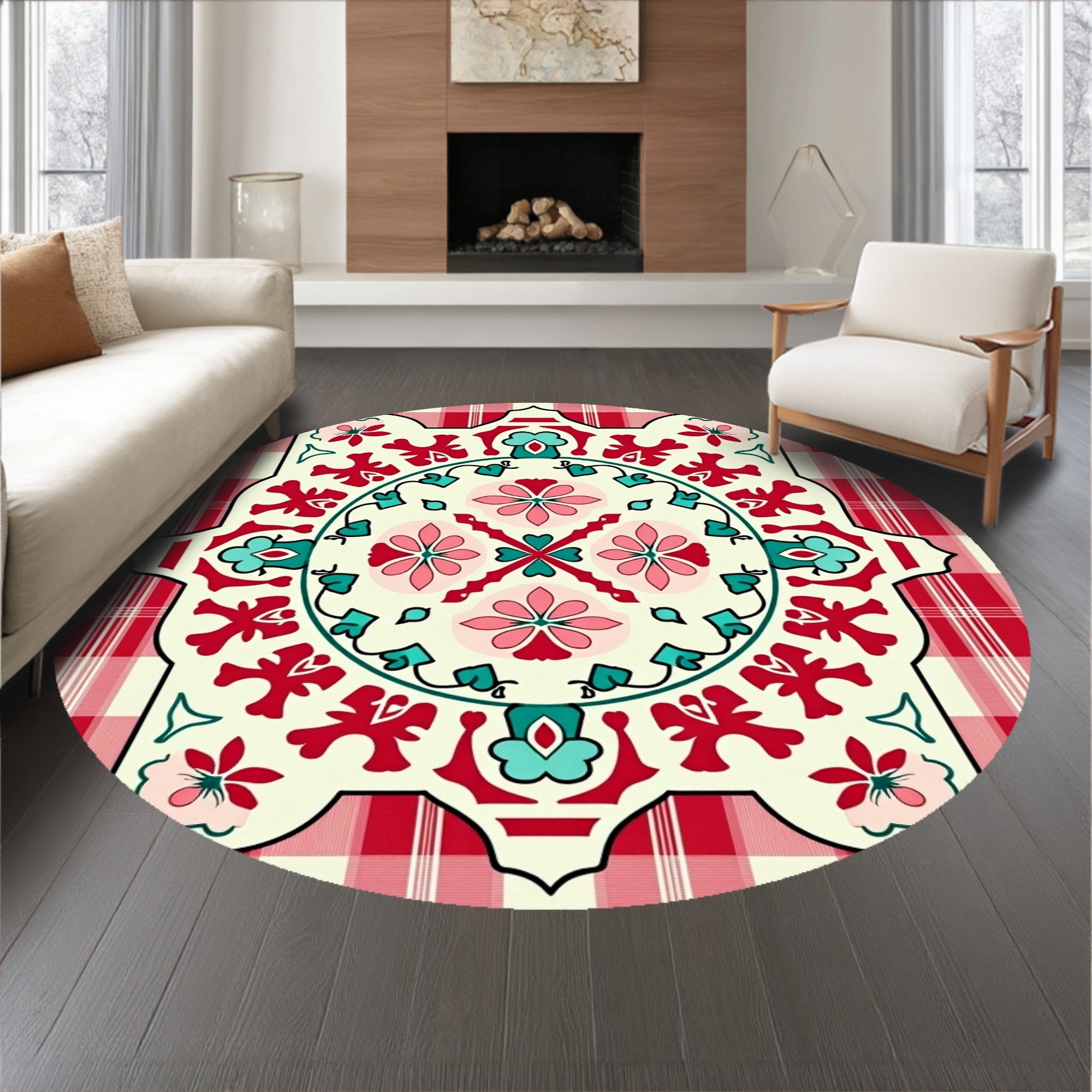 Vintage Plaid Medallion with Striped Ring and Delicate Florals(Red)