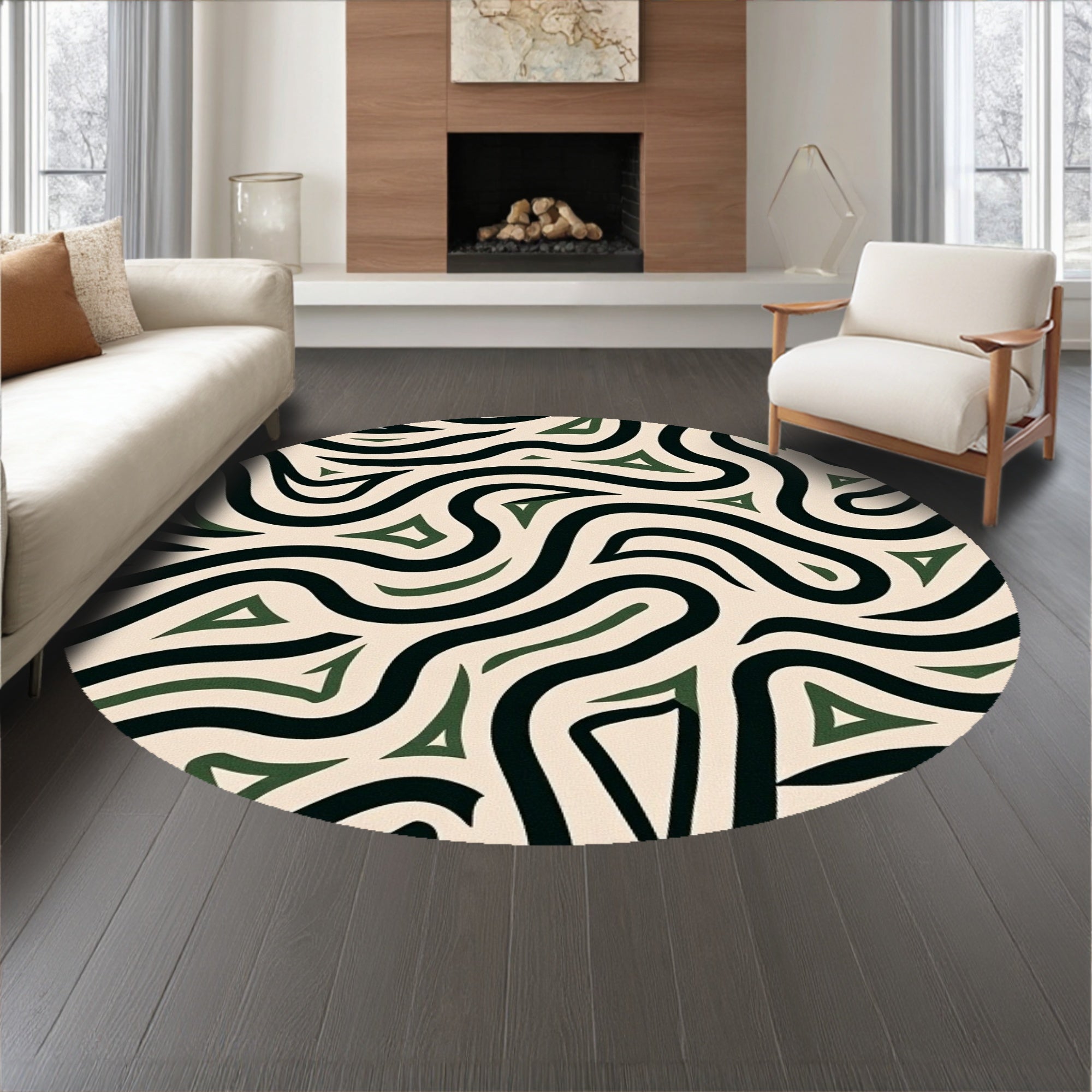 Wave Motif Featuring Dark Green and Black Contrast(Ivory)