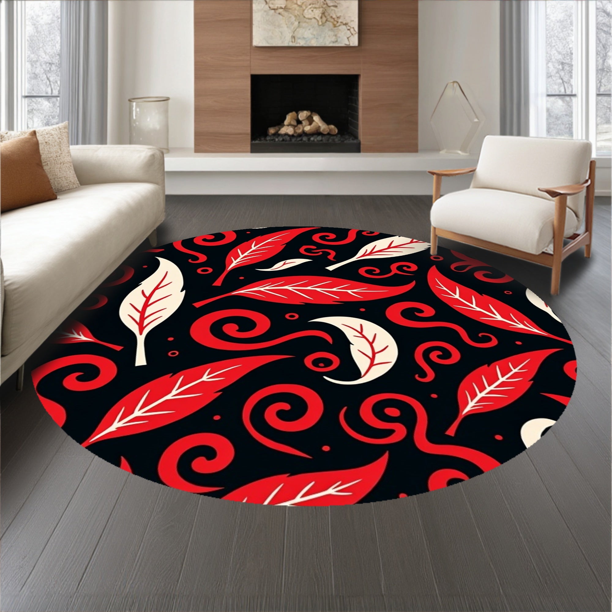 Playful Feather Motif With Stylized Falling Leaves And Swirls(Black)