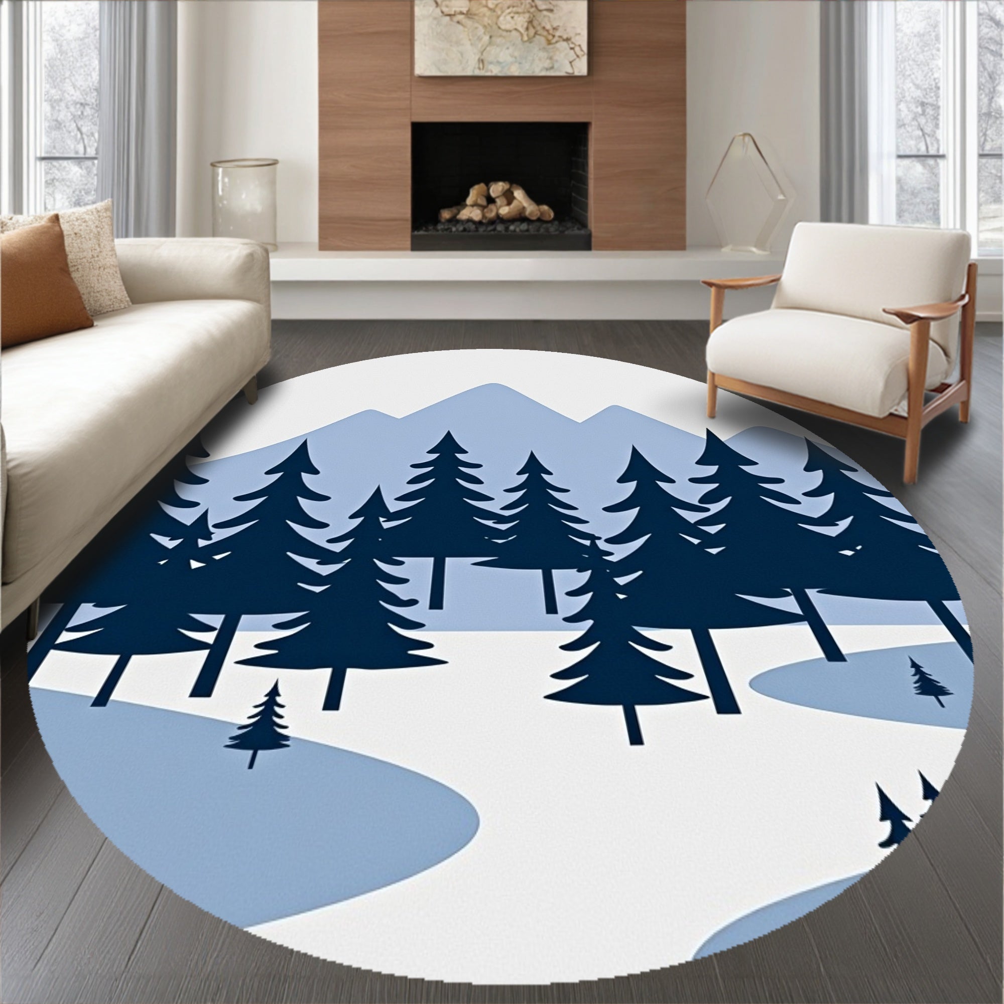 Winter Landscape Scene Doormat Pine Trees Mountain Design(Blue)