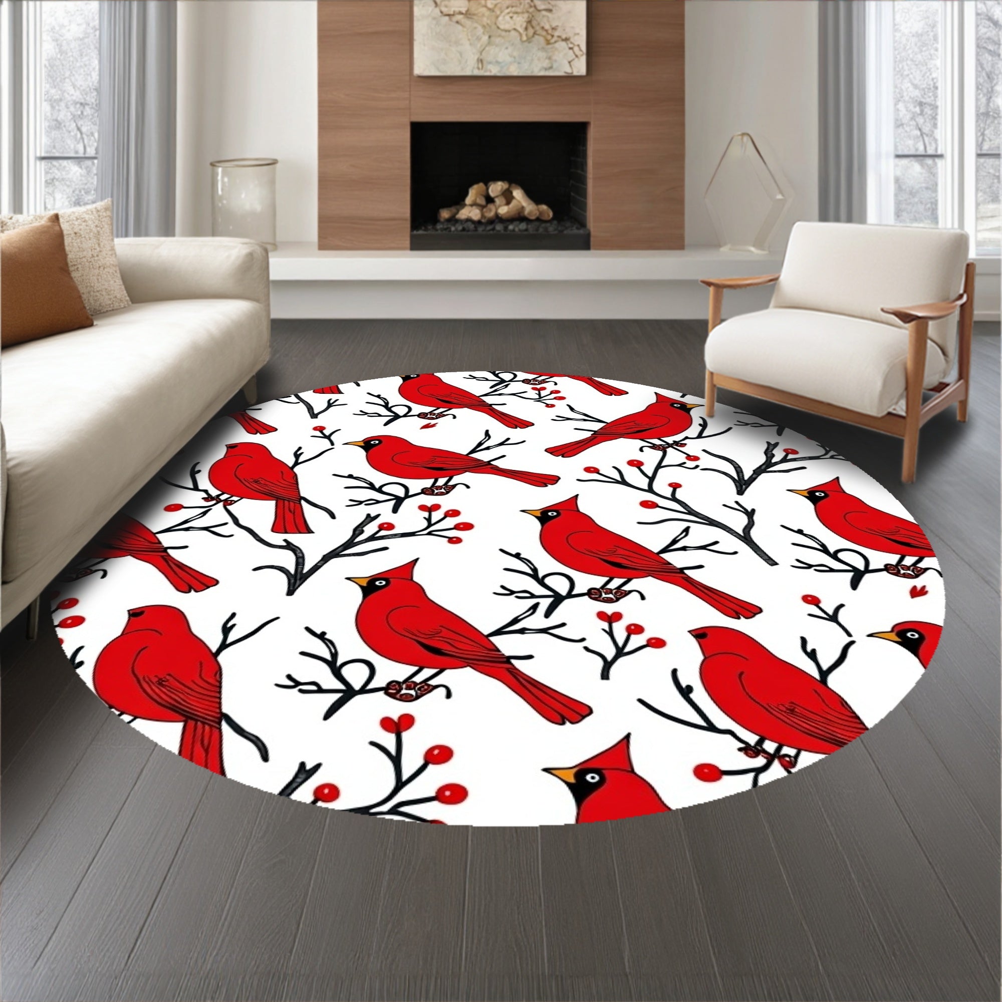 Cardinal Motif with Winter Berry Branch Decorative Floor(Red)