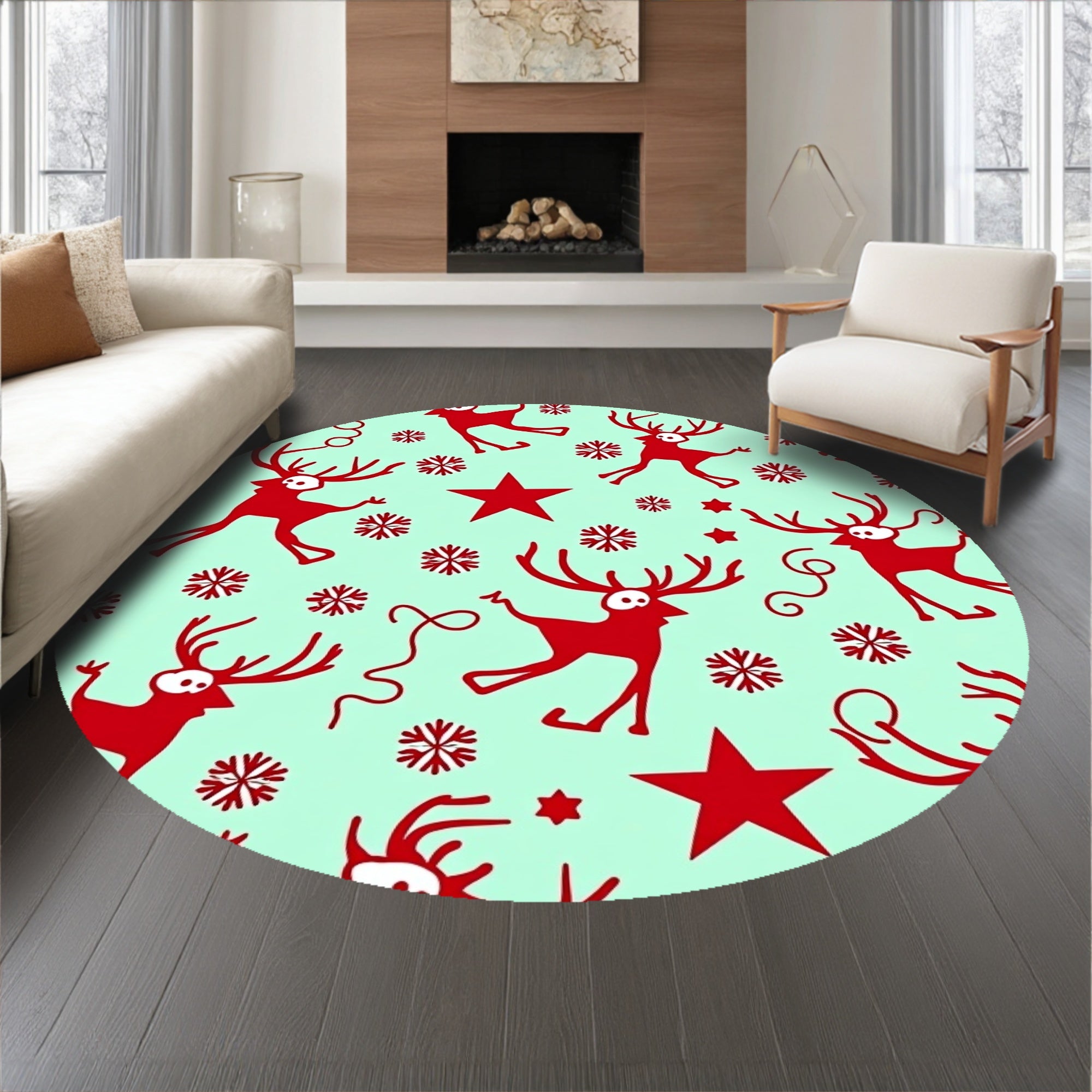 Whimsical Santa and Sleigh Scene with Snowfall Details(Red)