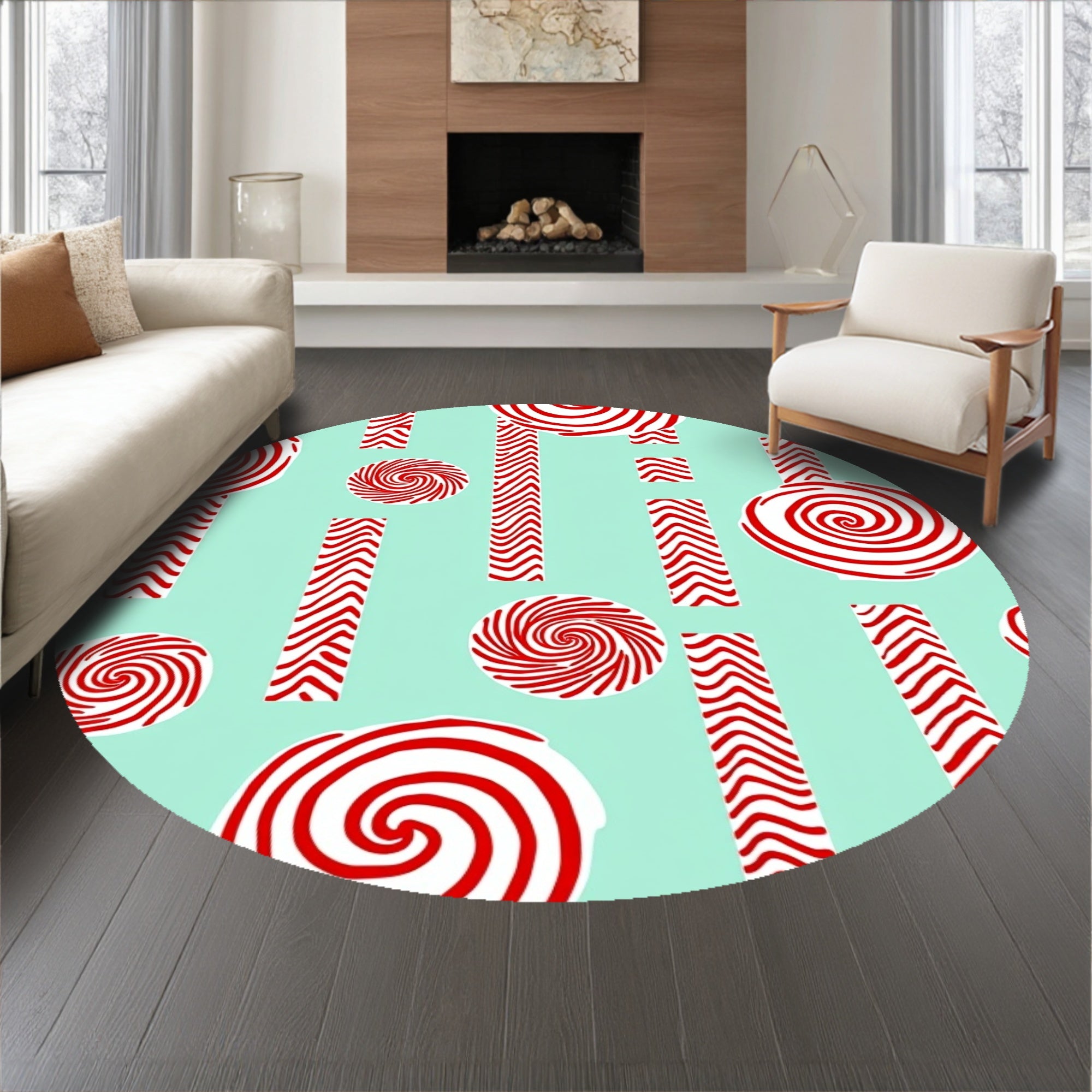 Cane Stripe Doormat with Peppermint Swirl Holiday Design(Red)