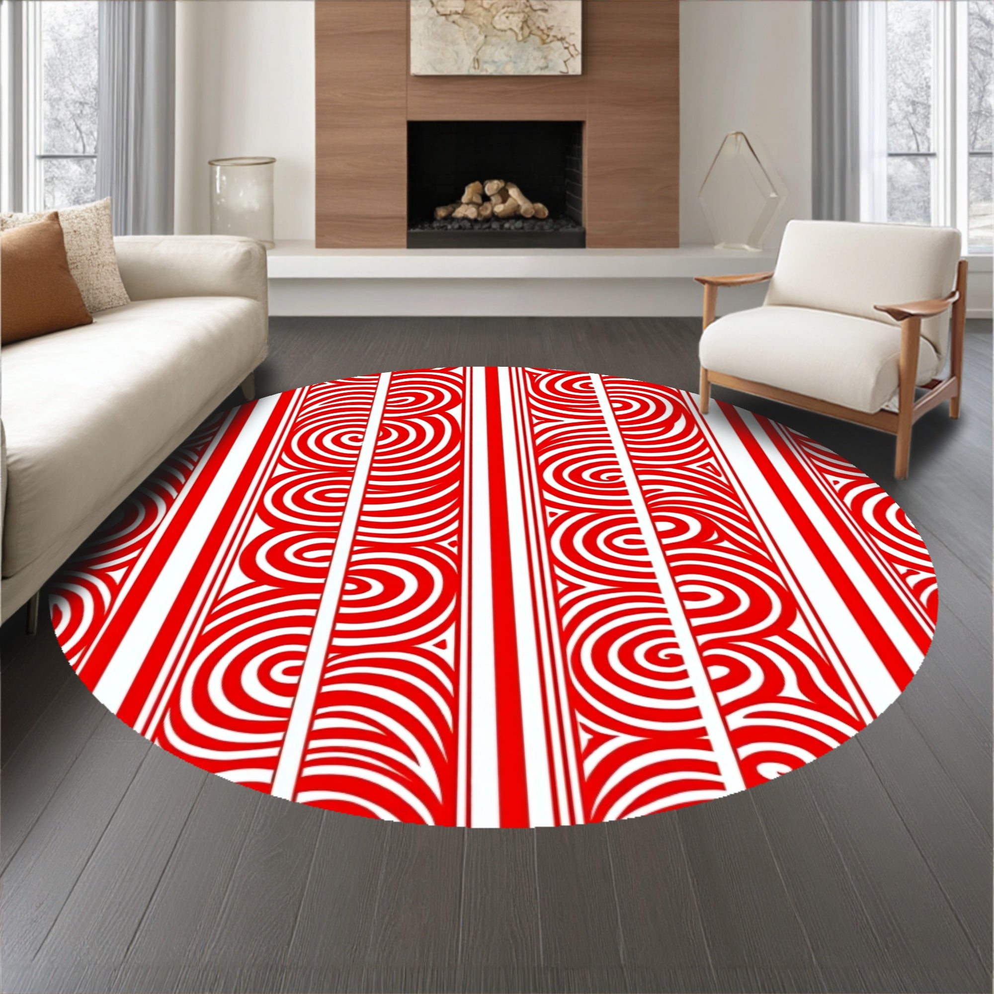 Cane Stripe Swirl Motif Decorative Floor Covering(Red)